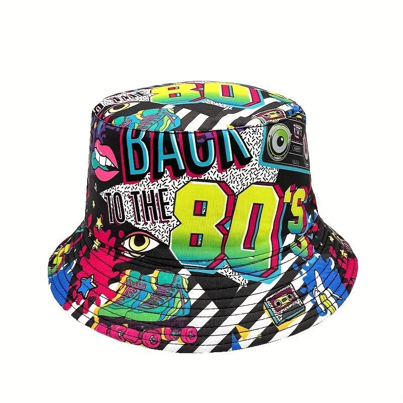Vintage Unisex Floral Snapback Bucket Hat - 80s Design Polyester Beach Cap, Colorful Retro Multi Color Festival Inspired Printed Graphic Hat, Ideal for Beach Trips & Casual Outings, Snapback Hat, Colorful Retro Hats