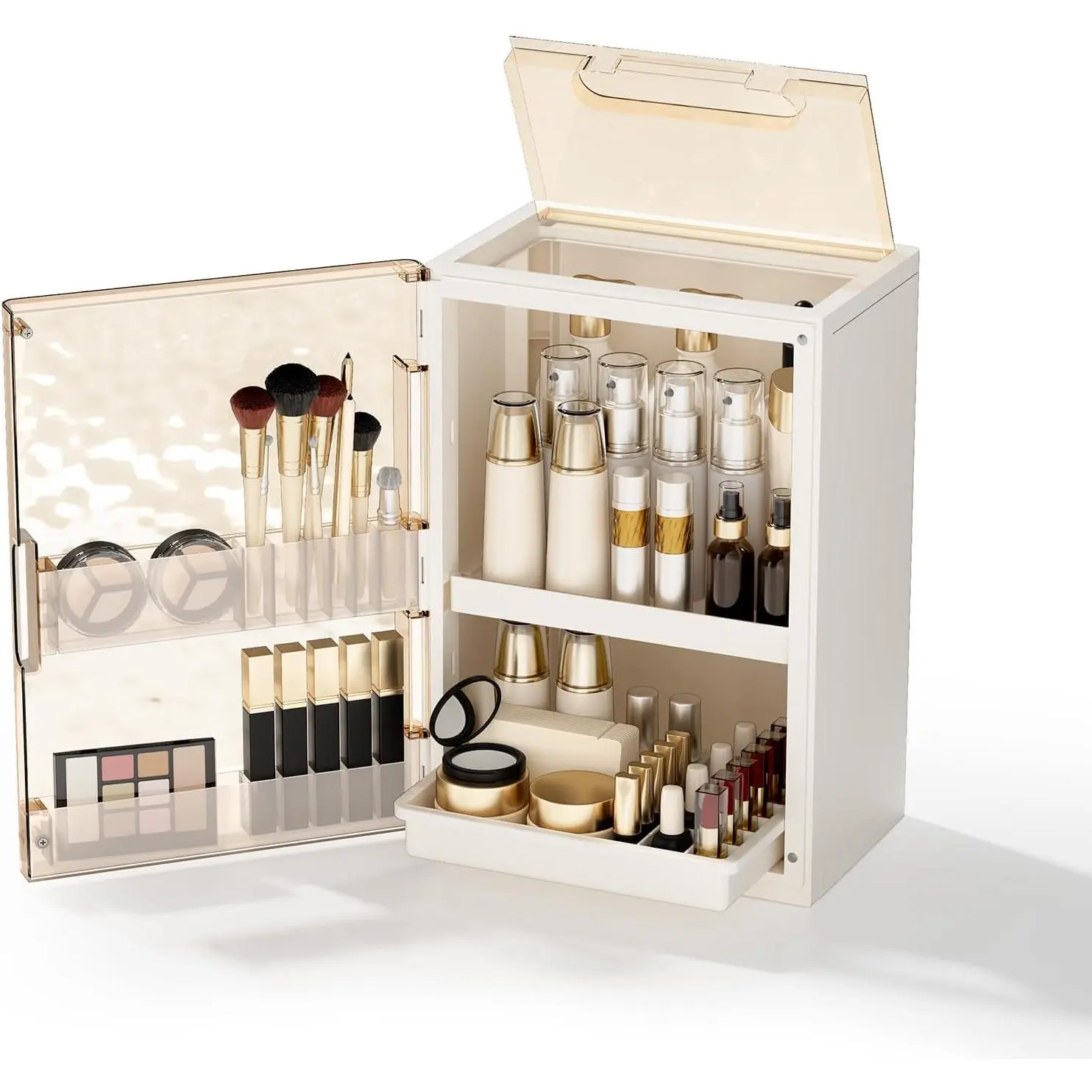 Makeup Organizer with Drawer and Brush Storage, Large Plastic Vanity and Bathroom Organizer, Beige