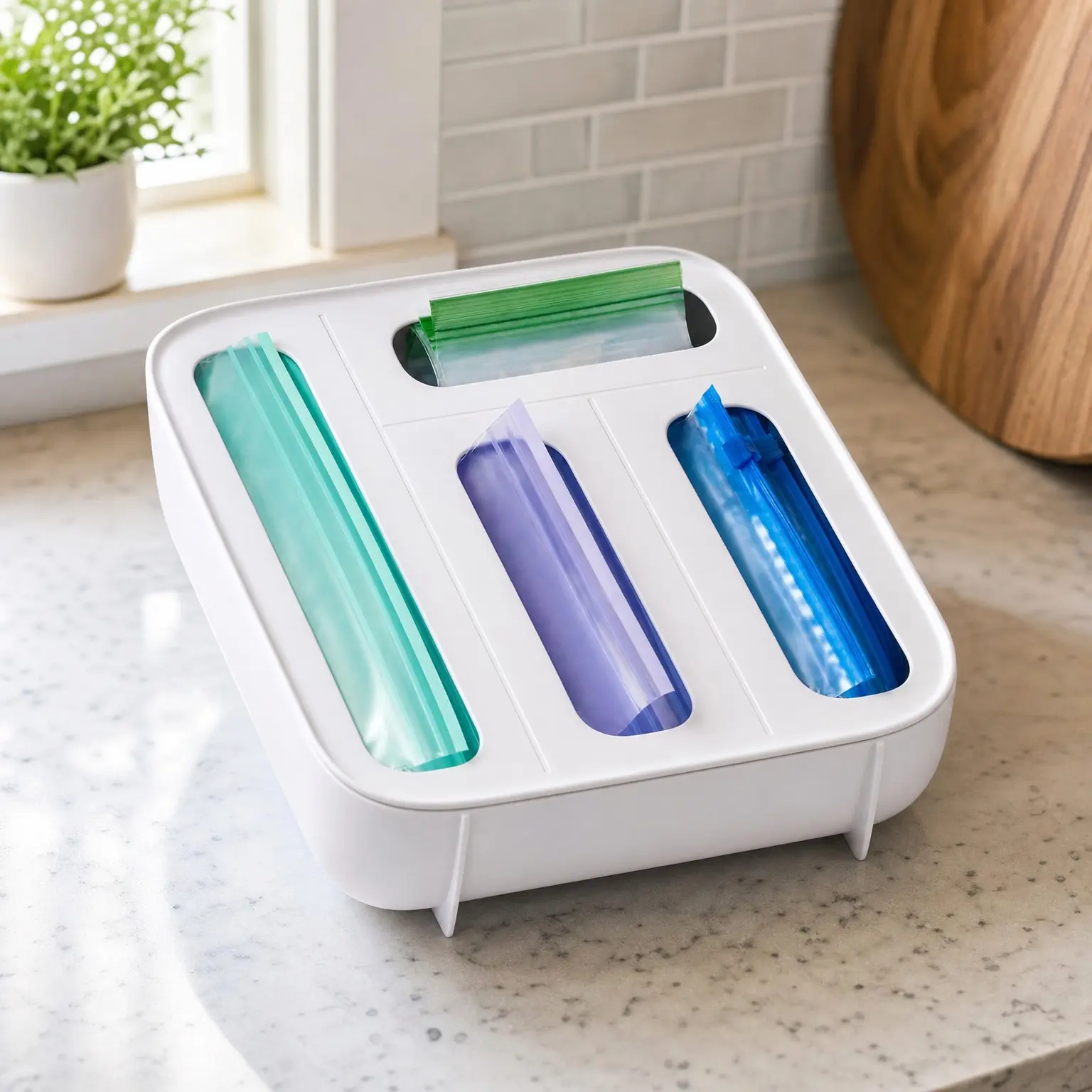 Drawer Food Bag Dispenser, 4-Slot Plastic Sandwich Bag Organizer for Kitchen Storage, WhiteGift