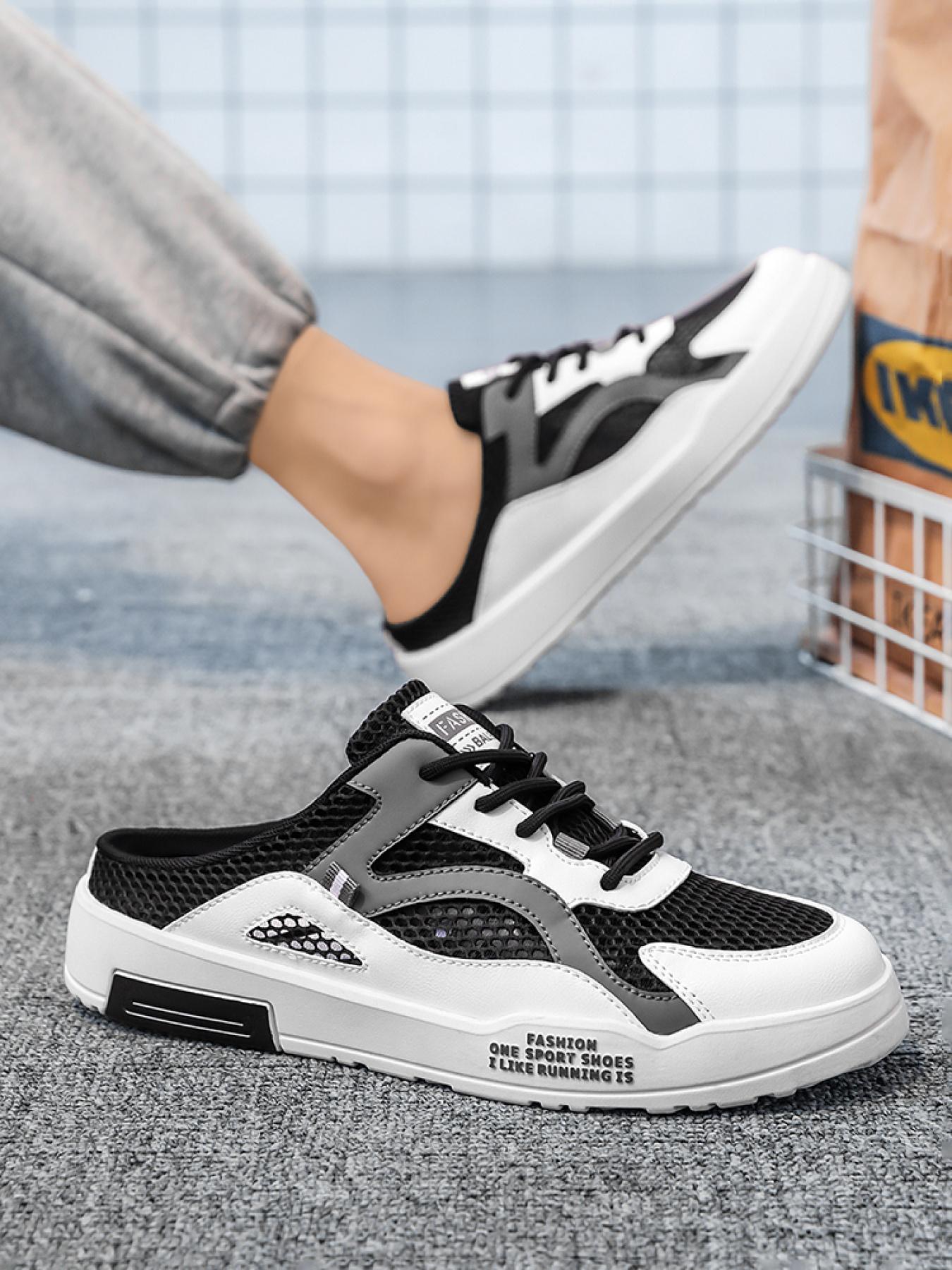 1 Pair Men's Large Size Mesh Mule Sneakers, Breathable Hollow Mesh Fabric, Anti-Slip Wear-Resistant Outsole, Heelless Lazy Shoes, Summer Outdoor Slippers