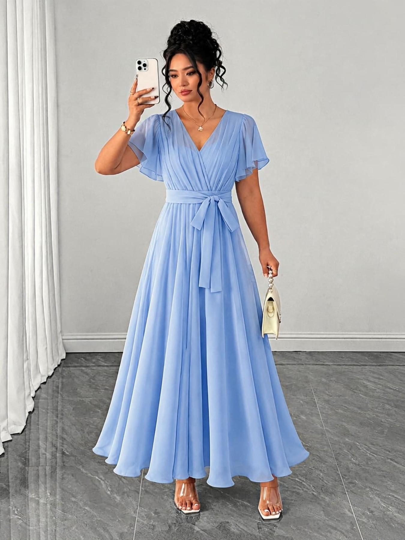 Plus Size Women's Solid A-Line Dress, Ruffle Sleeve Lightweight Flowy, Tie Waist Accentuate Curves, Elegant for Parties, Dates, Weddings, Elegance