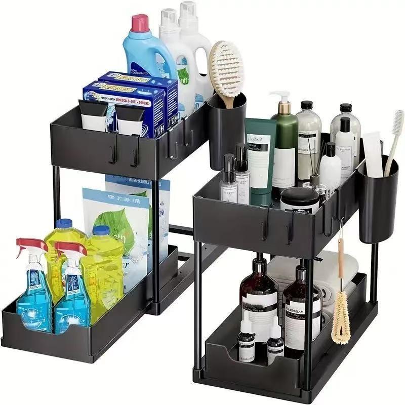 2 Layer Sliding Sink Organizer Box, / Plastic Storage Basket, Kitchen Spice Holder, Bathroom Drawer Rack, Durable & Versatile