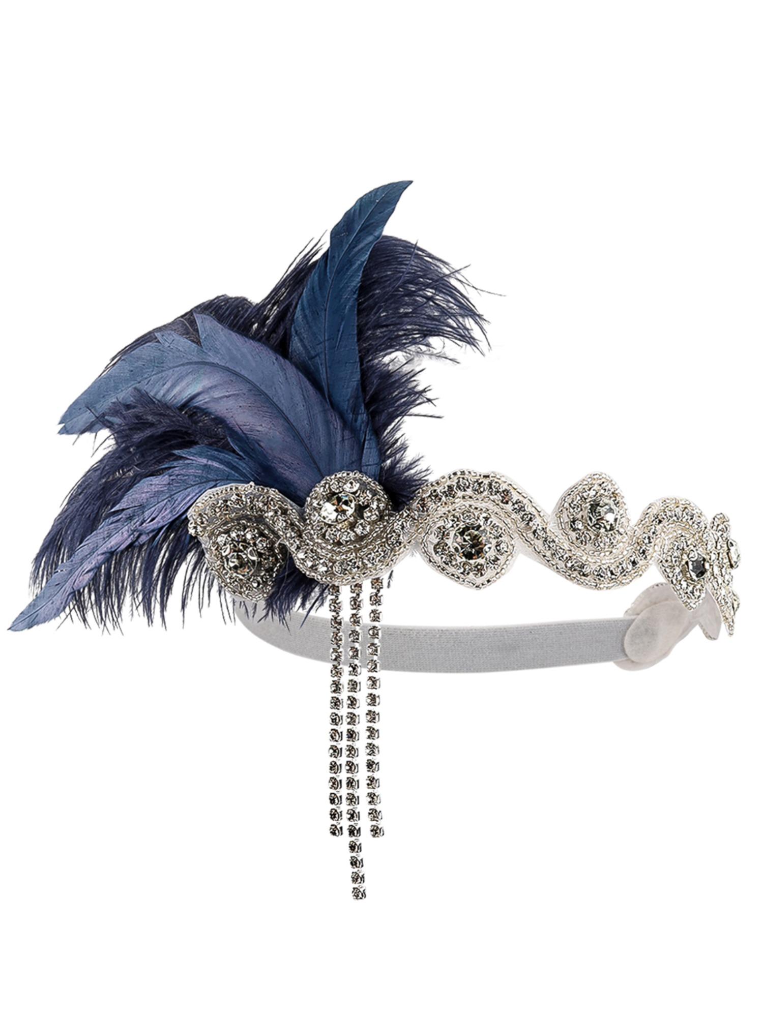 1920s Headpiece Flapper Headband, Rhinestone Pearl Feather Hair Band Great Gatsby Headpiece Accessoreis for Women,Champagne