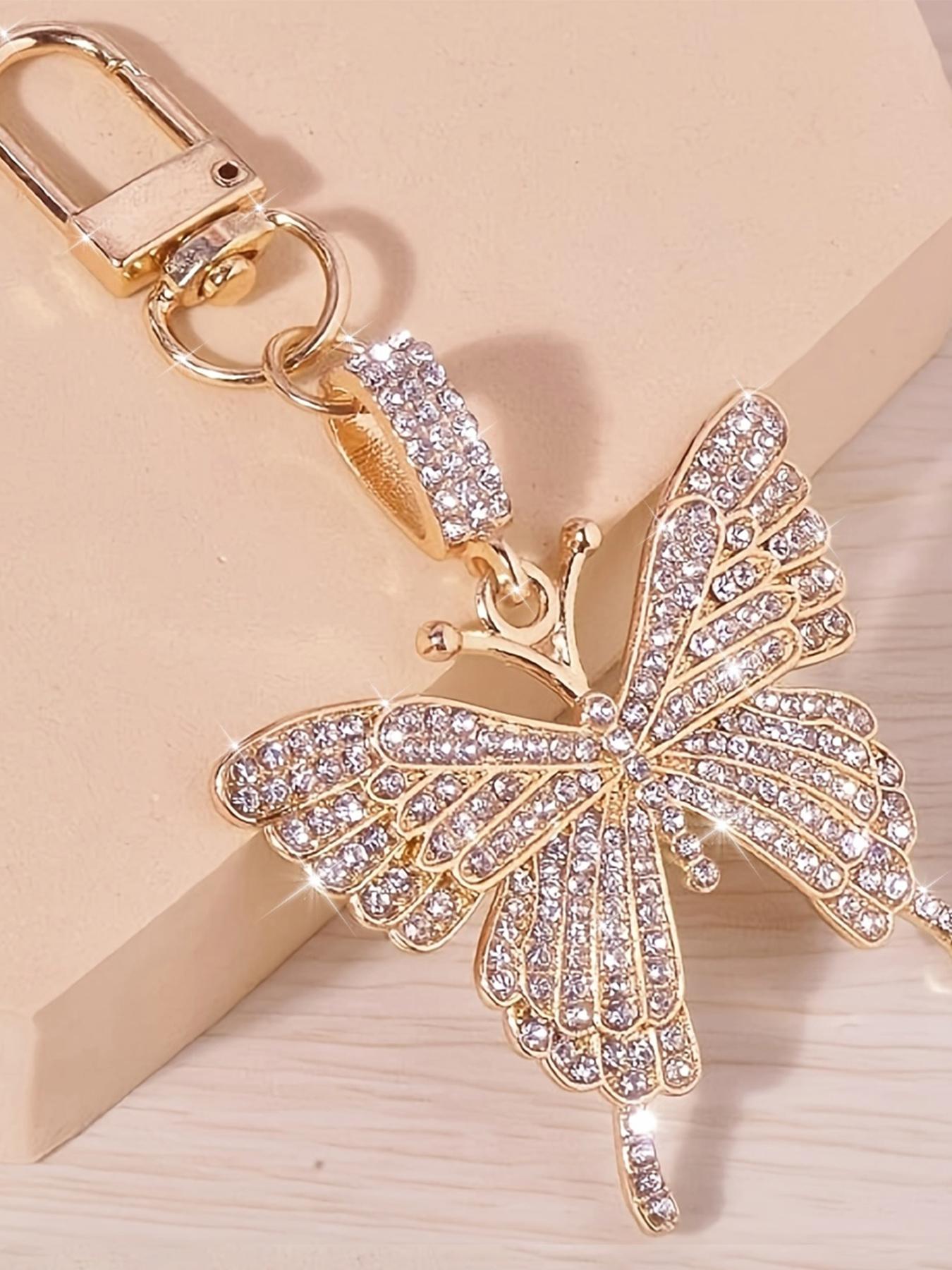 Rhinestone Butterfly Bag Charm Pendants, Crystal & Gold-Tone Bag Chain Charms, Luxury Elegant Bag Decoration Keychain, Sparkly Girly Bag Pendant for Backpack Purse, Ideal for Party & High-End Style Lovers, Fashion Bag Charms, Purse Accessories