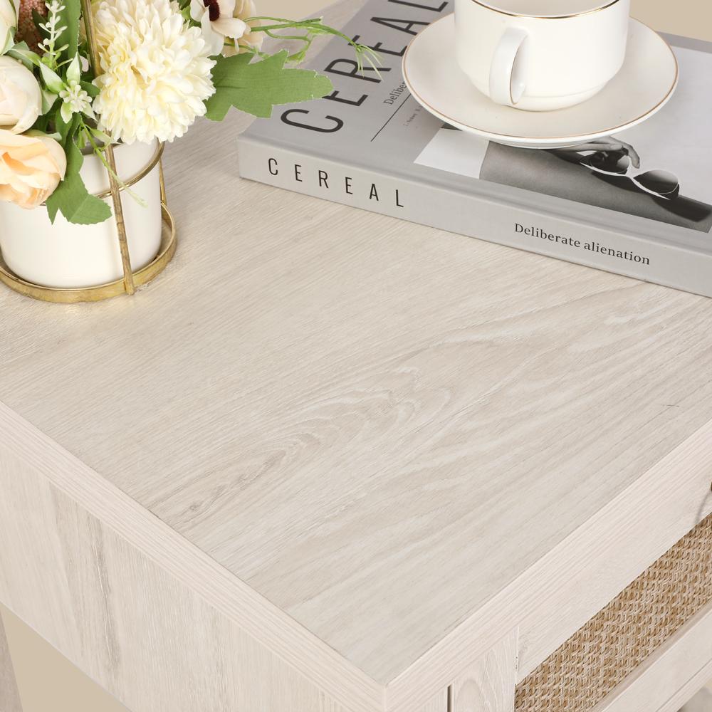 VOWNER 2 PCS Gray Rattan Nightstand Set of 2, Wood Night Stand with Vintage Metal Pull Handle, Bedside Table Boho End Tables Side Tables with Storage Shelf, for Bedroom