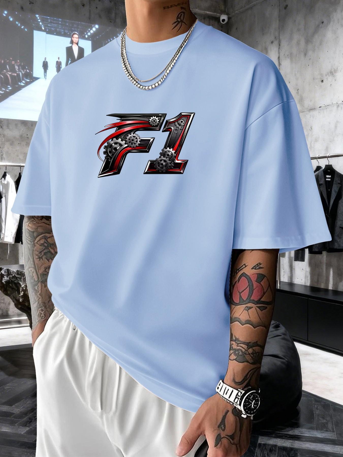 Mechanical Gear F1 Print Men's Trendy Graphic Streetwear Short Sleeve T-Shirt, Casual Slim-Fit Long Top for Spring Summer