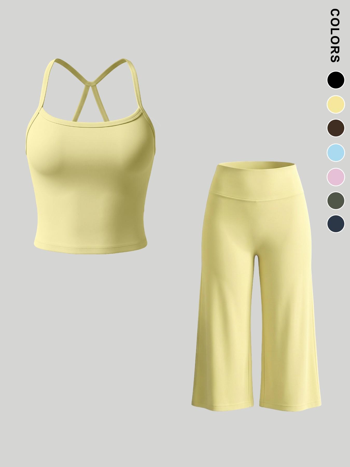 Women's Sporty Fitted Tank Top & High-Waisted Wide-Leg Pants Set, Breathable Solid Color, Ideal for Yoga, Casual Wear, Home Comfort, Athleisure Summer Clothes