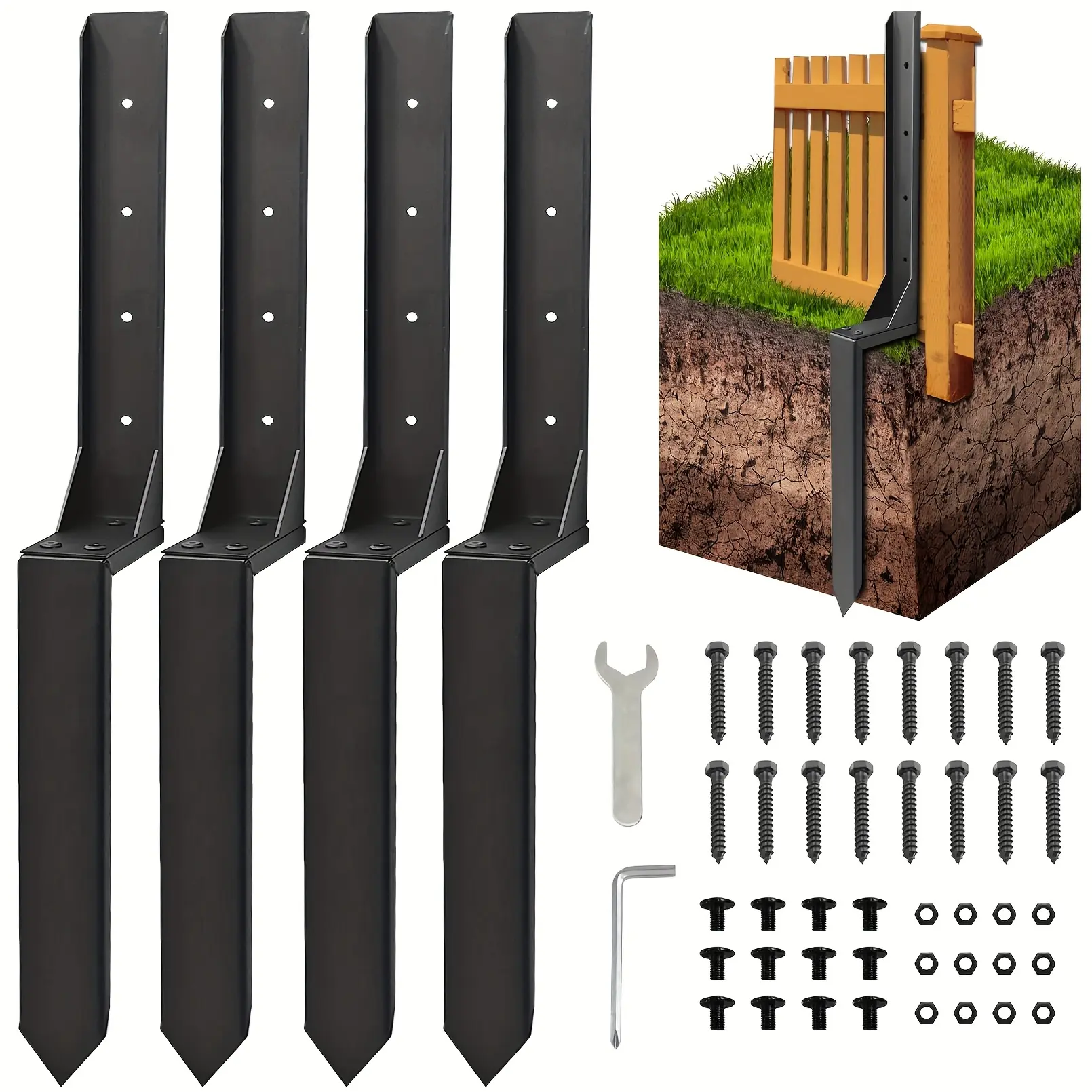 4 sets/2 sets of heavy duty steel fence post repair kits with adjustable brackets, pre-drilled holes, and hardware for easy assembly - robust metal construction to repair tilted/broken wooden fence posts
