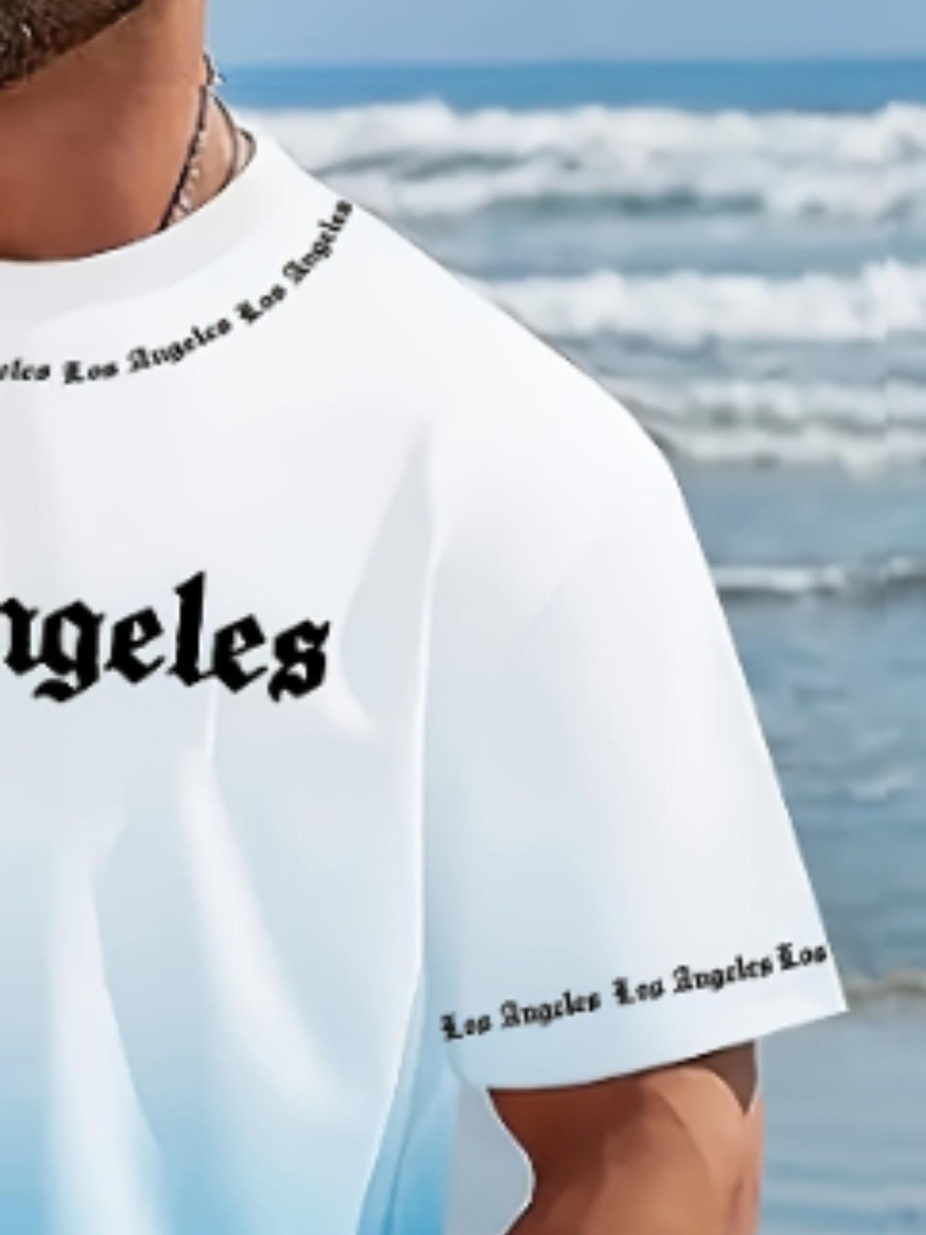 Men's Summer Set, Round Neck Short Sleeve T-Shirt + Elastic Waist Shorts, Los Angeles Print Gradient, Breathable Fabric, Outdoor & Party Wear