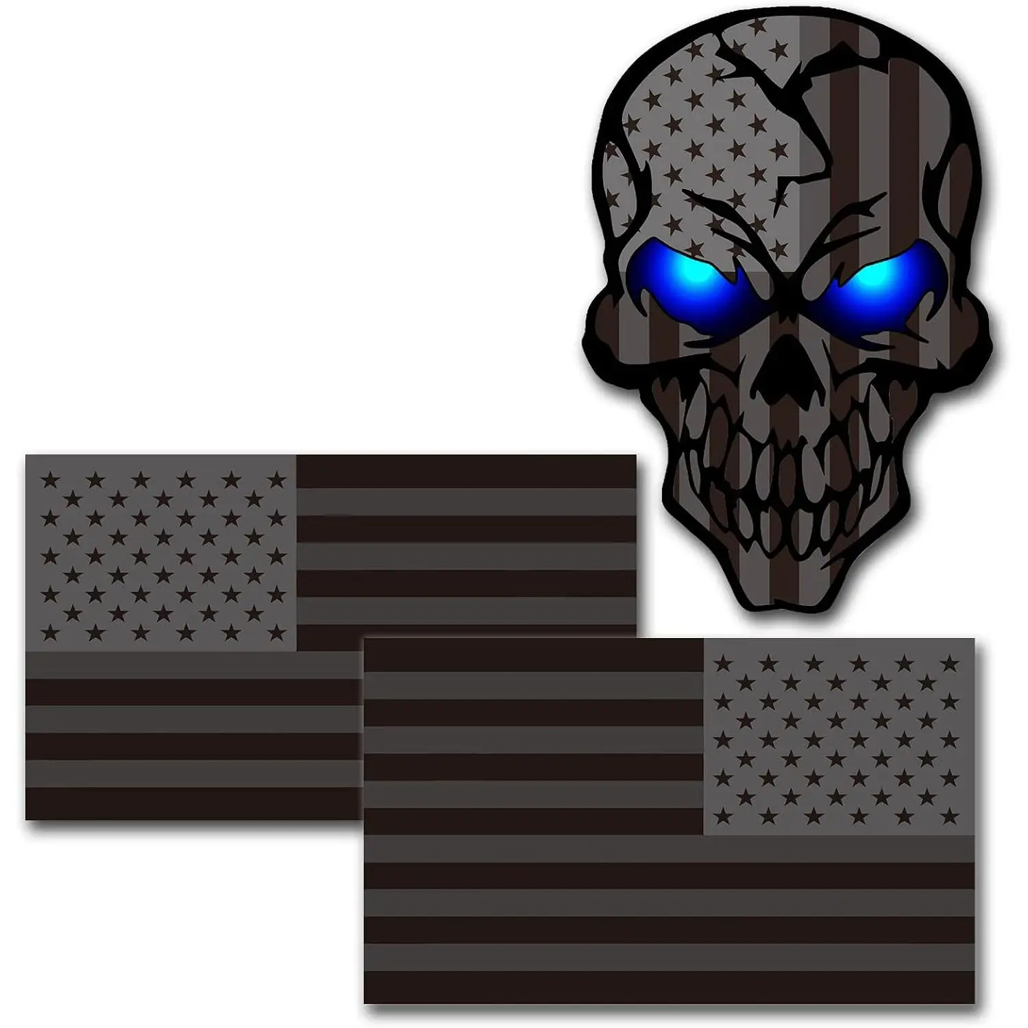 3-Pack 5.1" Reflective All-Black American Flag Skull Decals, UV Fade-Resistant Waterproof Vinyl, Decorative Tear-Off Stickers for Trucks, Outdoor Vehicles & Laptops (Hardware Accessory)