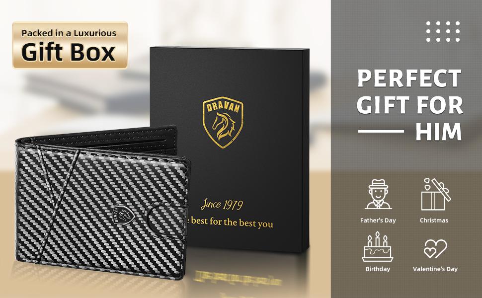 VTLASK Men's Ultra-Thin RFID Blocking Leather Wallet - 12 Card Slots with ID Window, Slim Bifold Front Pocket Design, Premium Gift Box - Ideal for Father's Day, Daily Use & Back to School Essentials Card Holder