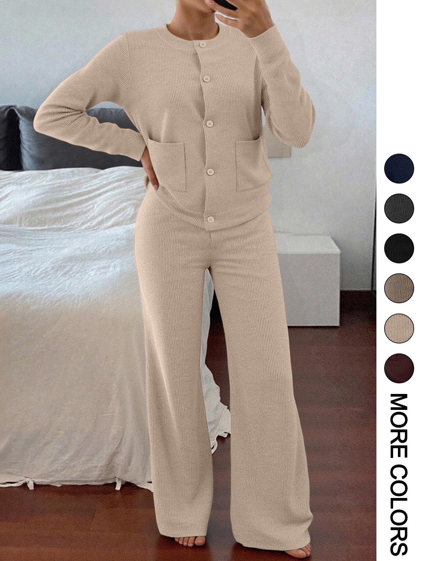 Women's Two-Piece Set, Comfortable Round Neck Long Sleeve Knit Sweater Set, High Waist Versatile Wide Leg Pants, Perfect for Daily Wear