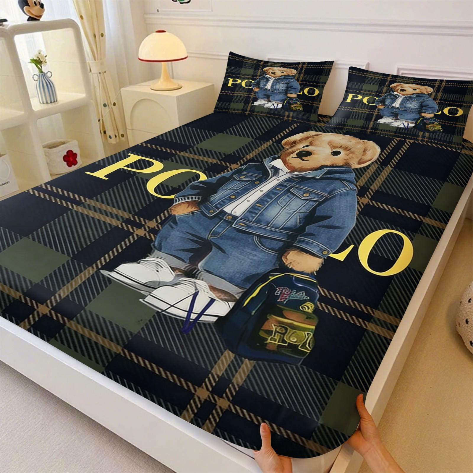 Teddy Bear Pattern Bed Sheet, Comfortable Printed Pattern, Includes 1 Bed Sheet and 2 Pillowcases, Comfortable Bedding, Non slip Dust Cover Suitable for Bedroom and Guest Room, Suitable as a Gift for Children or Adults