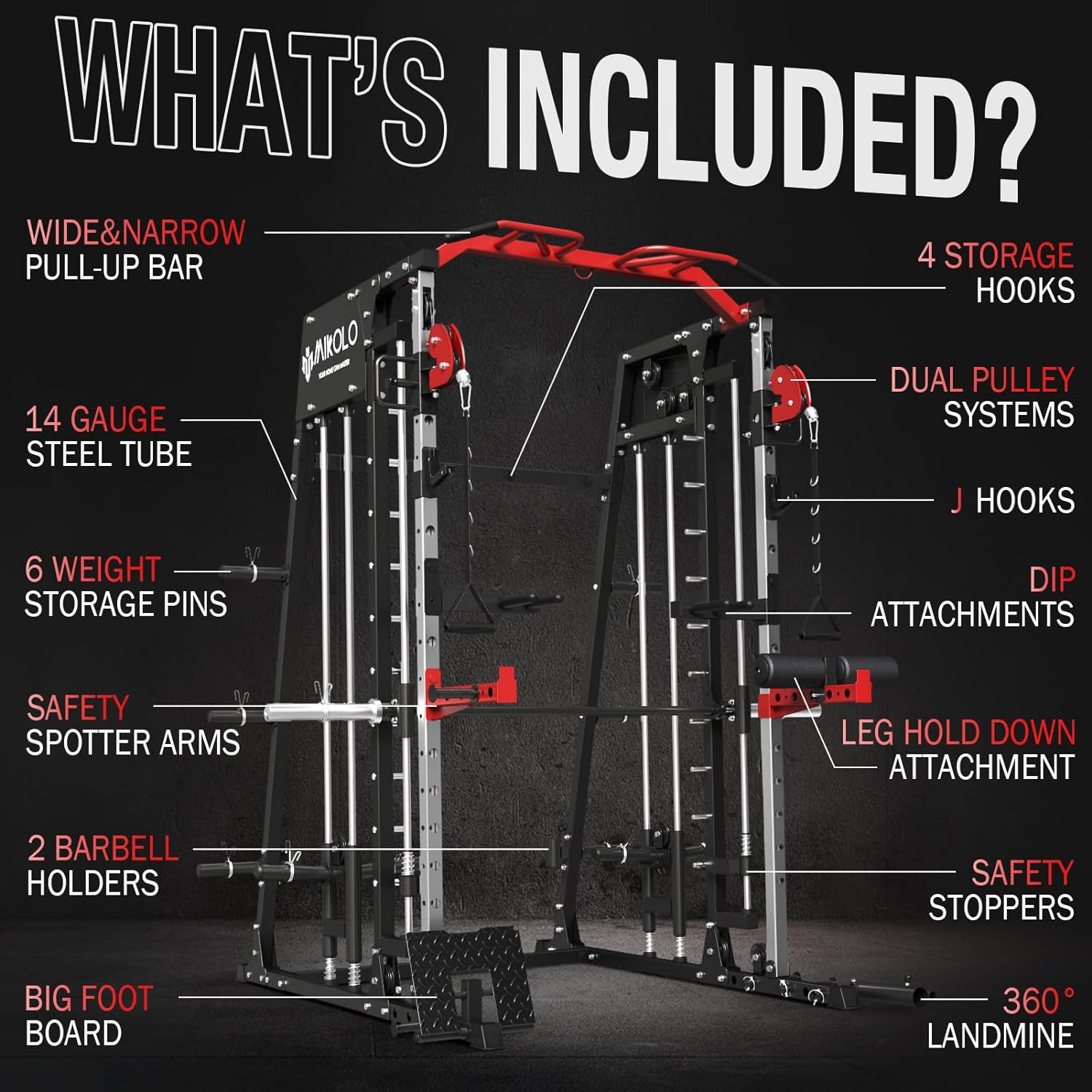 [4 packages shipping] Smith Machine, 2200lbs Squat Rack with LAT-Pull Down System & Cable Crossover Machine, Training Equipment with Leg Hold-Down Attachment Workout Station Workout Station Arm Strength Trainer