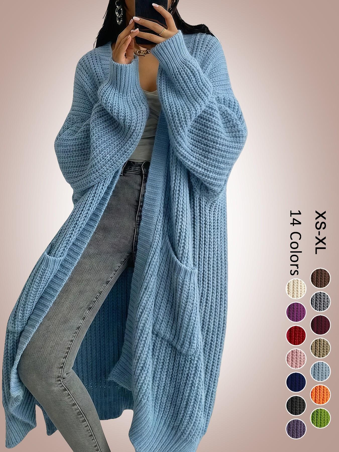 Women's Oversized Y2K Long Knit Cardigan, Ribbed Knit Fabric with Pockets, Loose Fit, Perfect for Spring, Fall and Winter, Casual Layering Outerwear