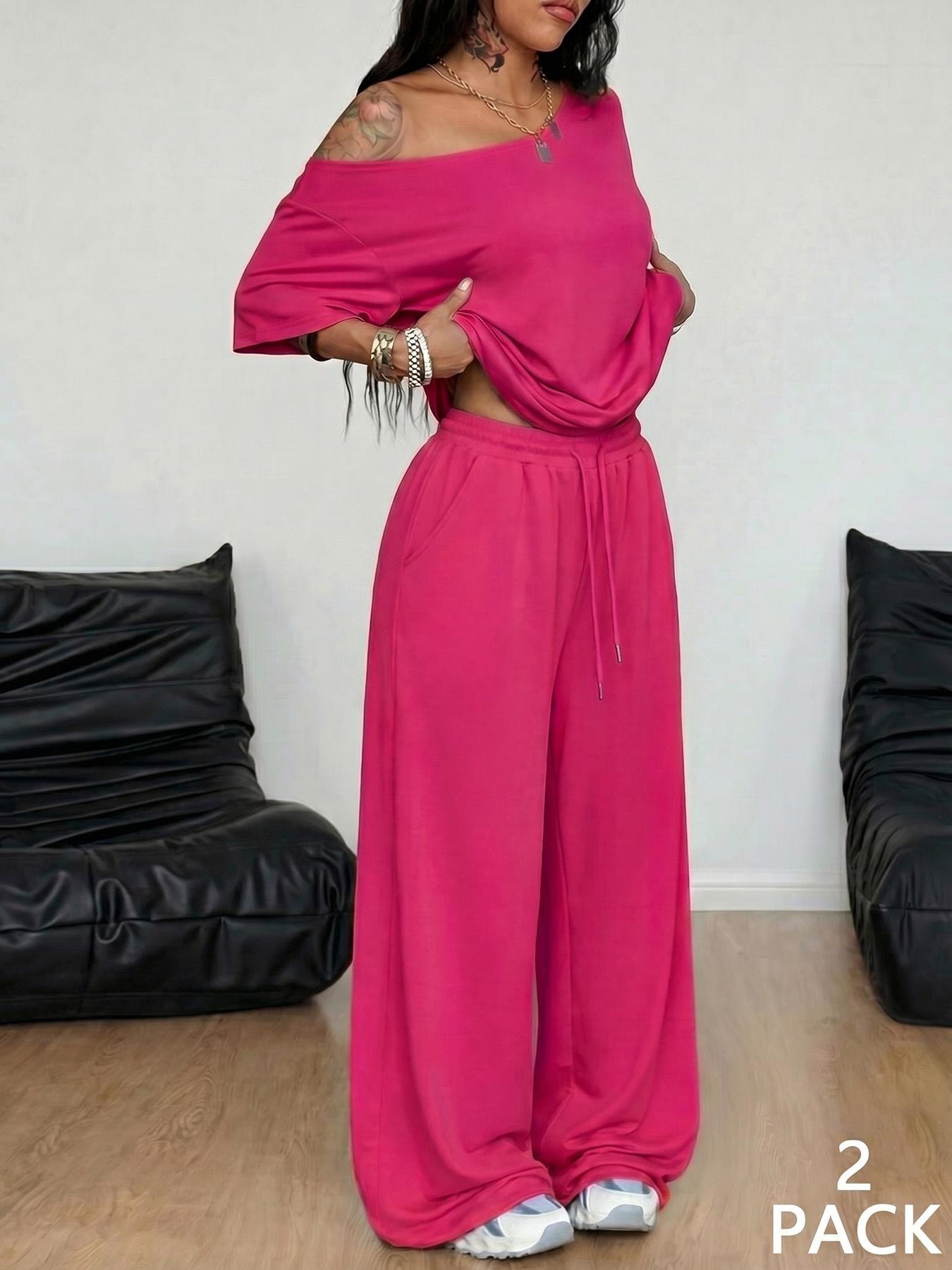 2pcs/Set Women's Minimalist Basic Daily Wear Going Out Sport Comfortable Off Shoulder T-Shirt And Wide Leg Pants Two Pieces Outfits 2pcs/Set Women's Minimalist Basic Daily Wear Going Out Sport Comfortable Off Shoulder T-Shirt And Wide Leg Pants Two Pieces Outfits