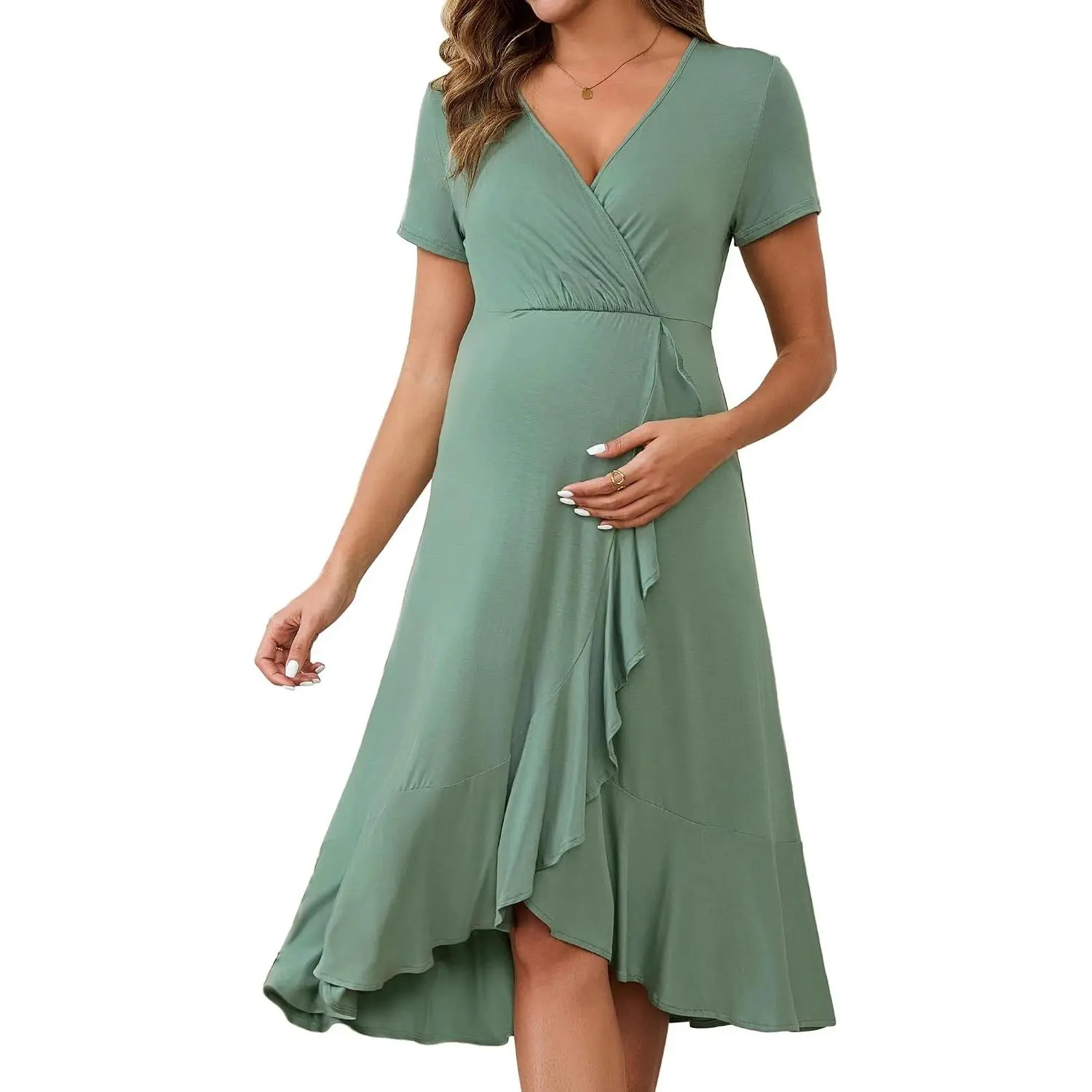 Formal Maternity Dress for Wedding Guest, Work, Office | Nursing Dresses Breastfeeding, Midi, V Neck, Wrap, Pleated, Ruffle, Pregnancy & Postpartum