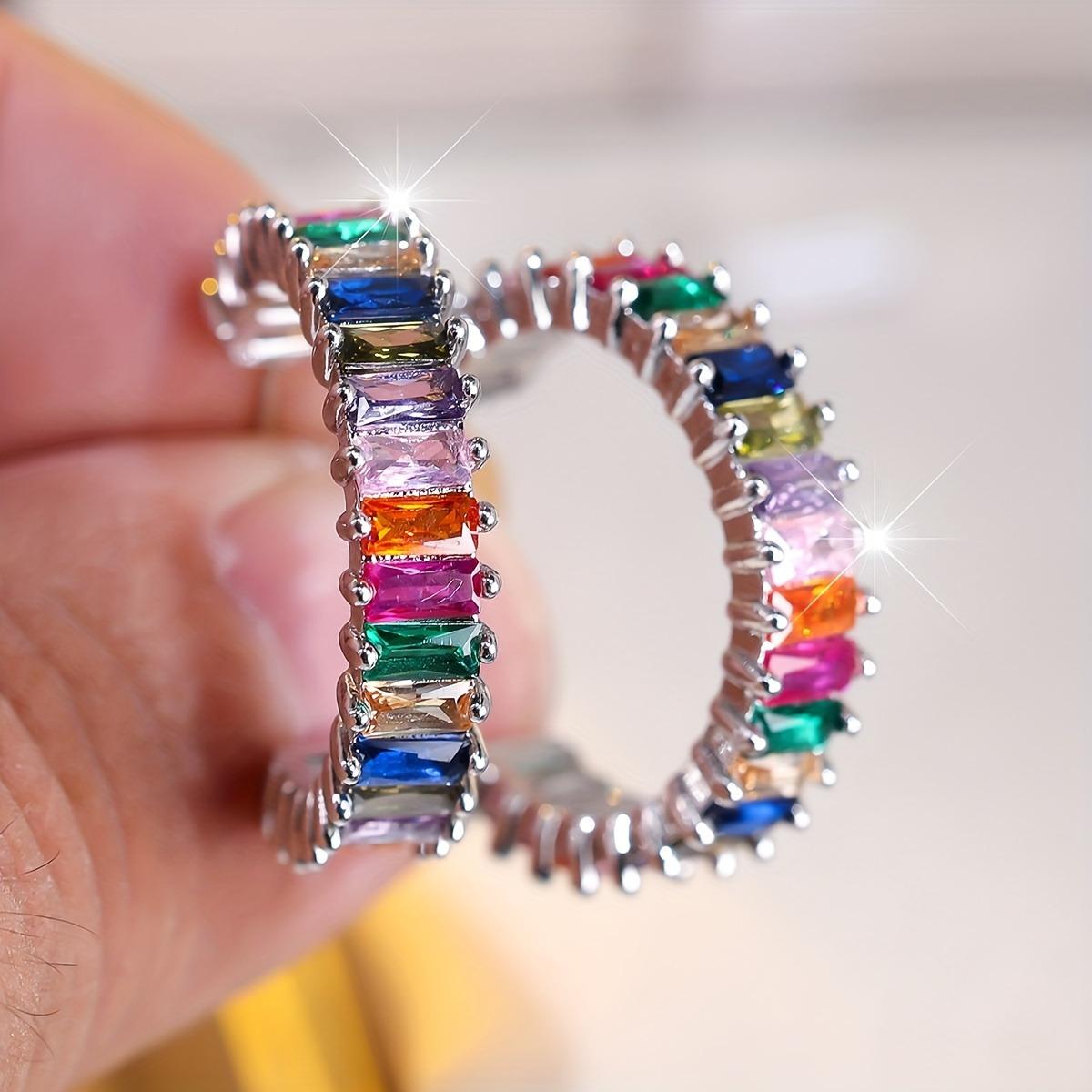 Women's Silvery-Plated Multicolored Rainbow Cubic Zirconia Baguette Cut Open Hooped Half Hoop Earrings, Lightweight Female Everyday Wear Costume Jewelry Women's Silvery-Plated Multicolored Rainbow Cubic Zirconia Baguette Cut Open Hooped Half Hoop Earrings, Lightweight Female Everyday Wear Costume Jewelry