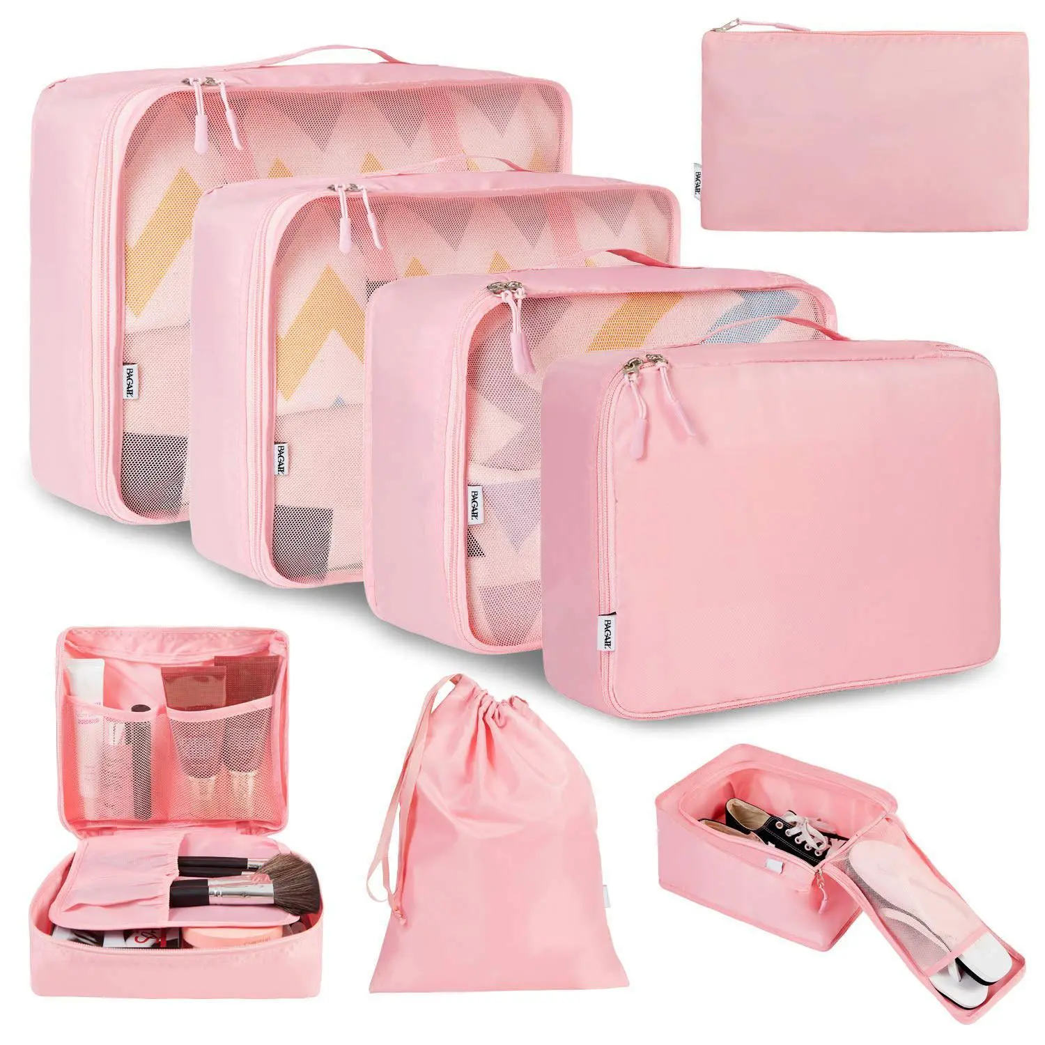 8pcs Nylon High-Capacity Travel Organizer Set - Foldable Zipper Travel Accessories, Expandable Multi-Compartment Packing Cubes, Compression Shoe/Clothing/Underwear Holders for Bag Organization (Men & Women)