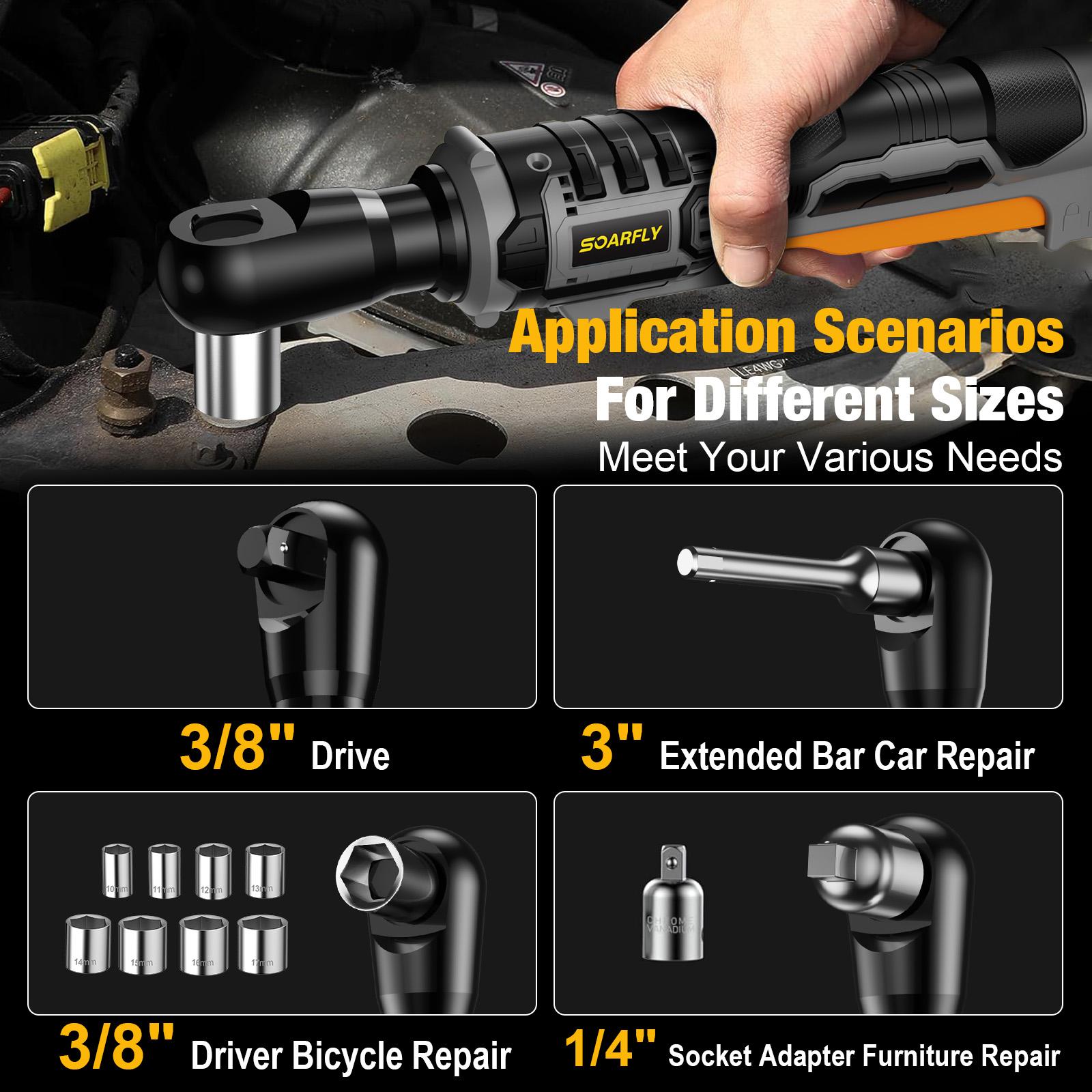 SOARFLY 135NM(100Ft-LBS) 3/8" Cordless Ratchet Wrench, 250RPM, 2 x 21V Batteries, With Variable Speed, 8 Sockets, 1/4" and 1/2" Adapter, 3" Extension Bar