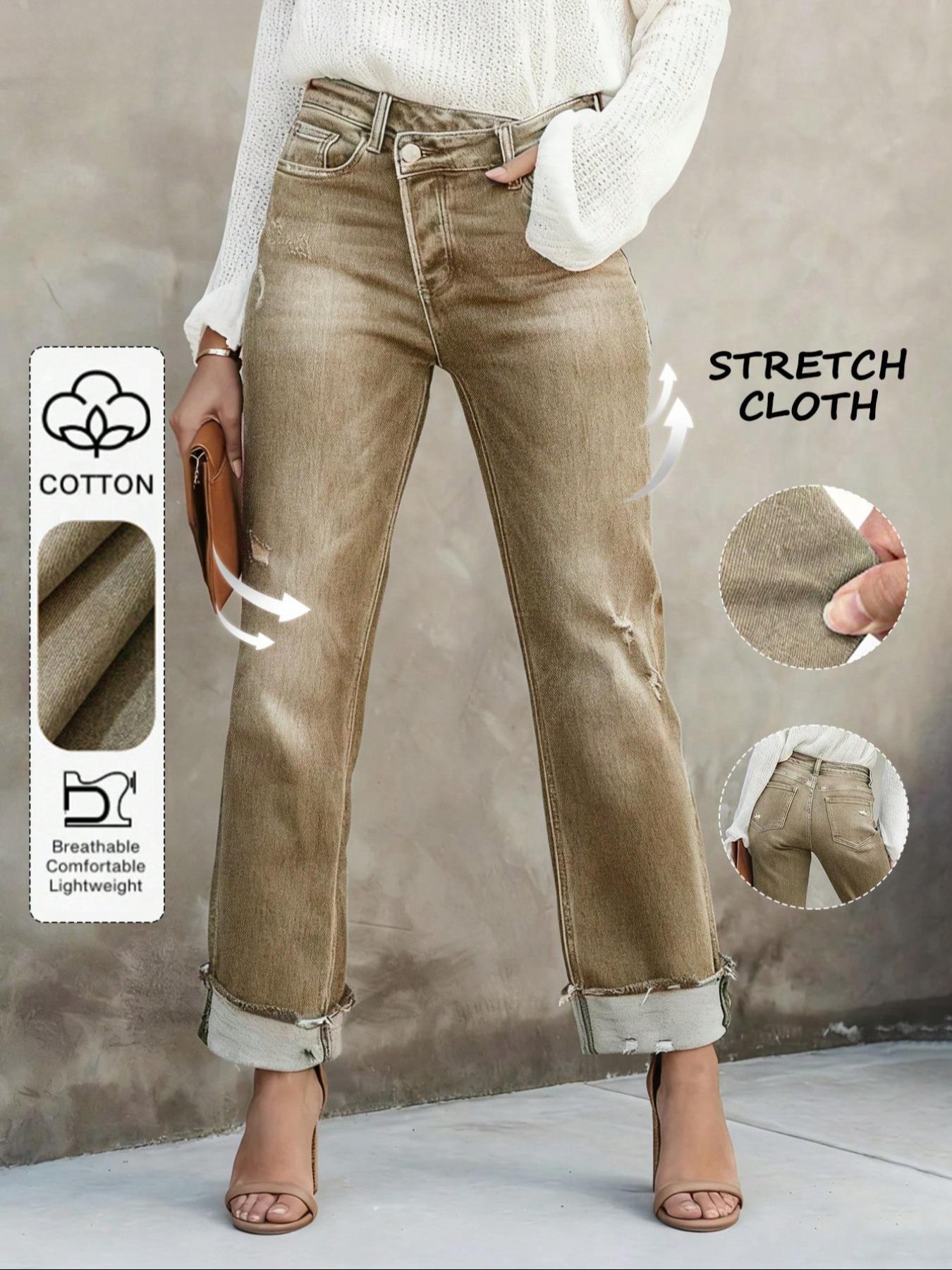 Women's Solid Color Jeans, Casual Comfy Denim Pants for Daily Wear, Ladies Bottoms for All Seasons