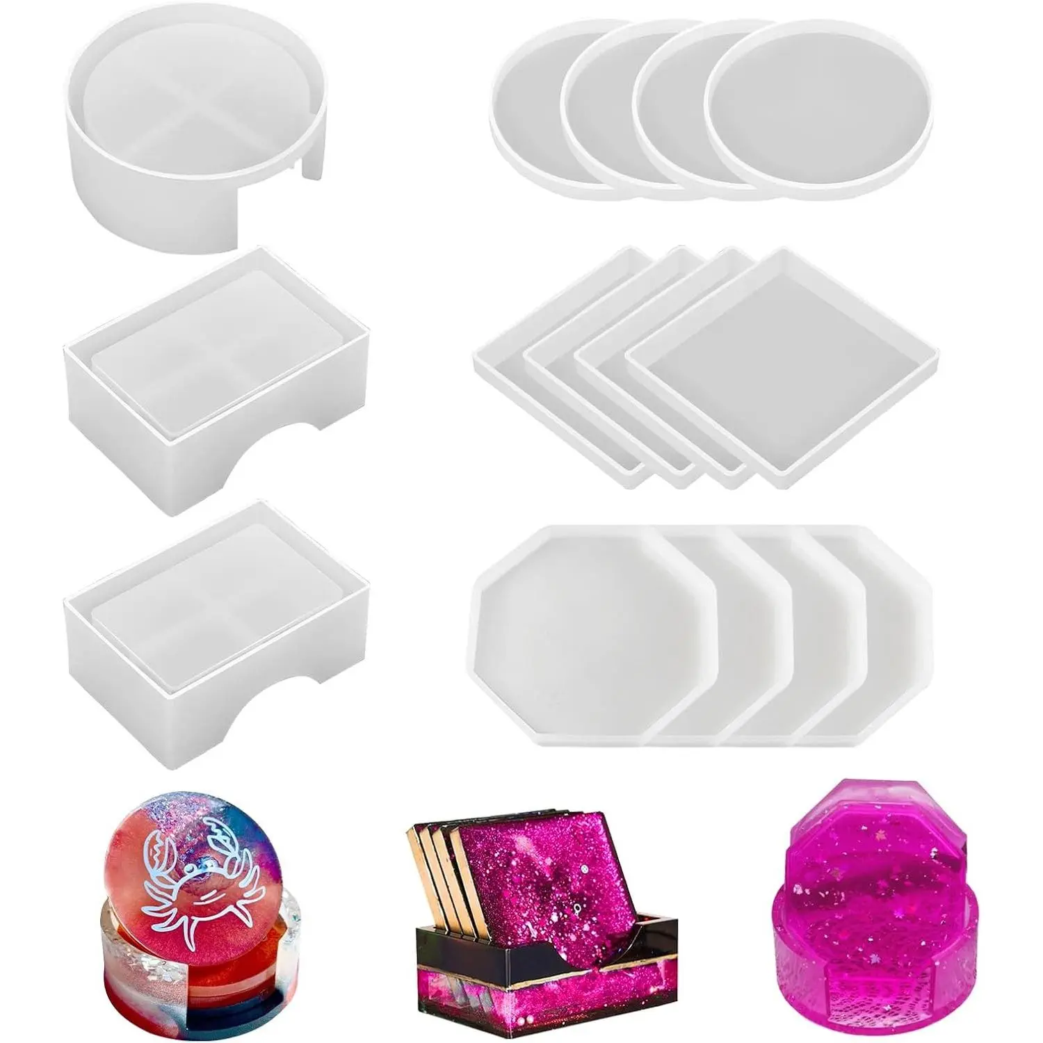 15 Pcs Glossy Silicone Resin Coaster Molds with Round-Square Holder, Coffee Tableware Accessories for Epoxy DIY Art Craft Cup Mats with Stickers
