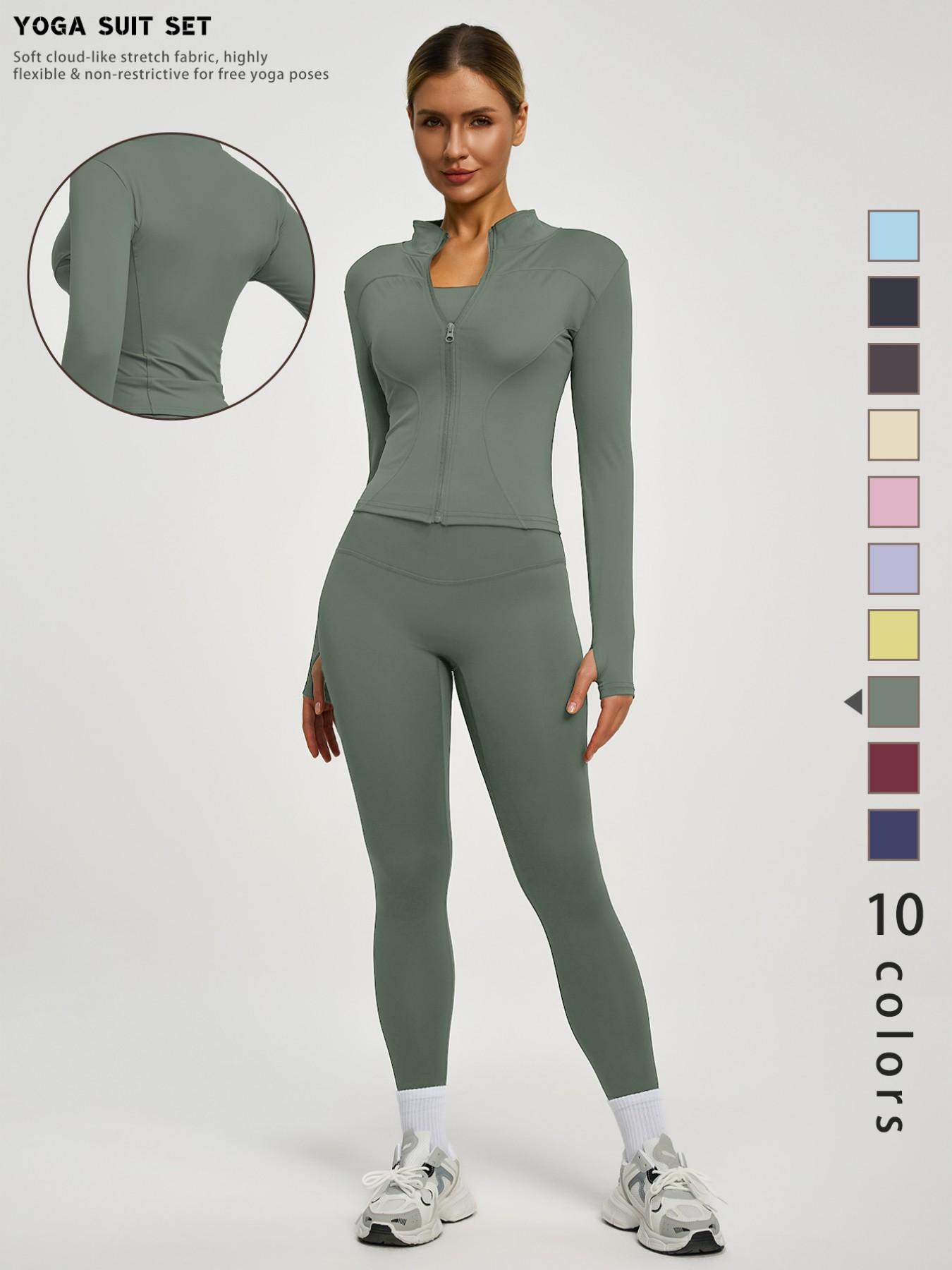 New Women's Solid Color Casual Fashion High-End Long Sleeve Quick-Dry Sports Set, Yoga Essential Jacket, Elastic Tight Yoga Pants, Activewear Clothing