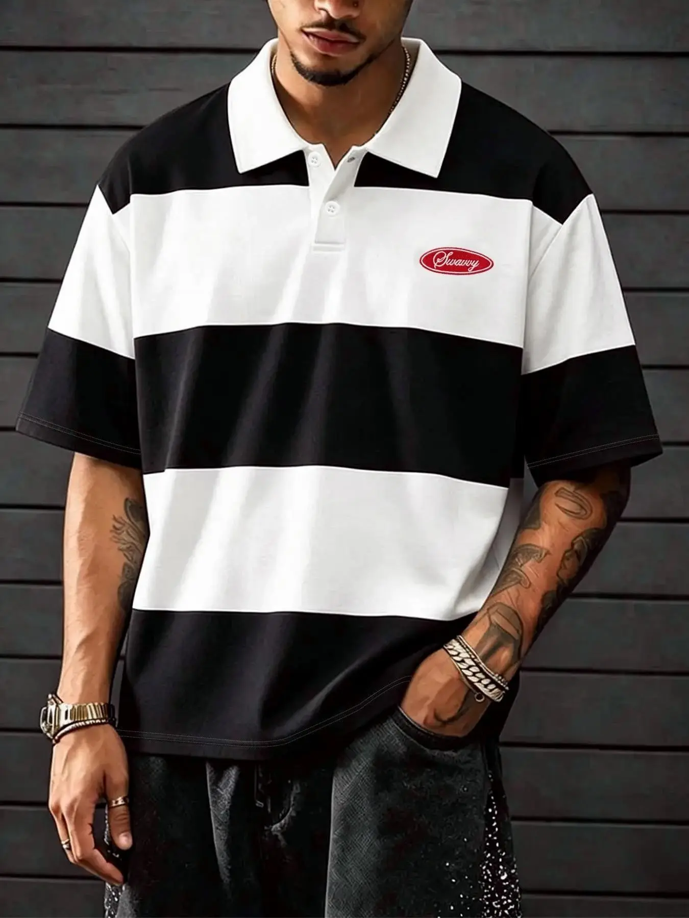 Summer Men's Casual Polo Shirt, Summer Polos, Menswear Patchwork Color Block Stripes with Print Design, Retro Vintage Style Men's T-Shirt, Vintage Tops, Fitted Fit