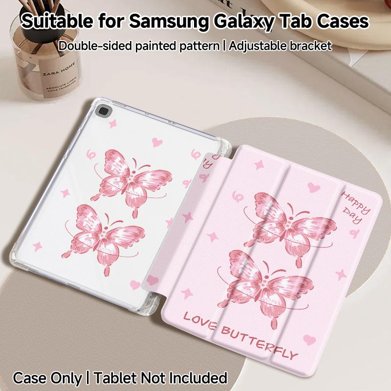 Pink Base Butterfly Tri-Fold iPad Case, double-sided print, built-in pencil slot, adjustable kickstand, auto sleep/wake function, Compatible with iPad 10th/11th Gen, iPad A16, iPad Air 11"/13", iPad Pro 11", iPad 2025 and Galaxy Tab S9 FE+ 12.4''series