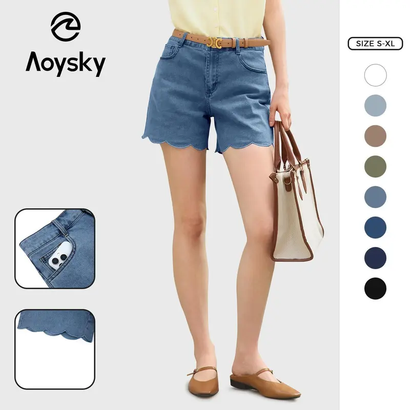 Aoysky Women's High-Waisted Fitted Basic Denim Shorts for Women - Summer Straight-Leg Wave Hem Loose Bottoms with Patch Pockets, Machine Washable Easy Care, Easy to Pair for Club, Going Out