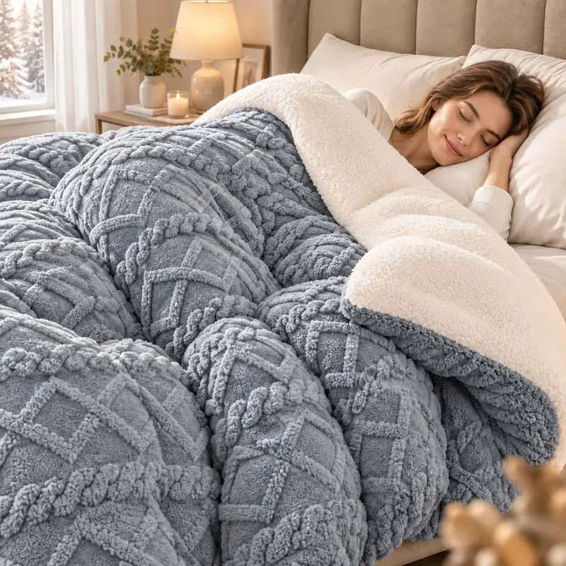 OS OMYSTYLE 1pc Warm Reversible Comforter, King Queen Twin Size Bedding, Gray Taffeta & Sherpa Fleece, Modern Geometric Quilted Design, Ultra-Soft Cozy Bedspread for All Seasons, 500 Thread Count