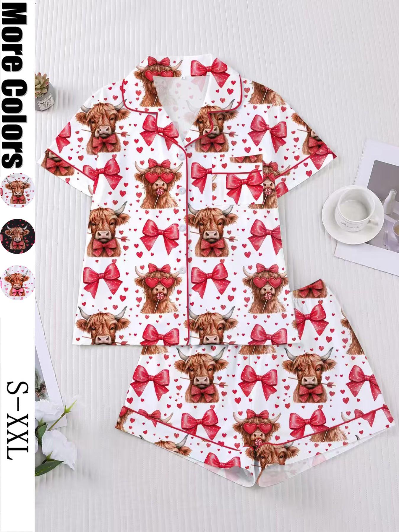 Women's Sleepwear Set, Short Sleeve Button-Up Top & Elastic Shorts, Soft Fitted Design, All-Season Comfortable Home Wear