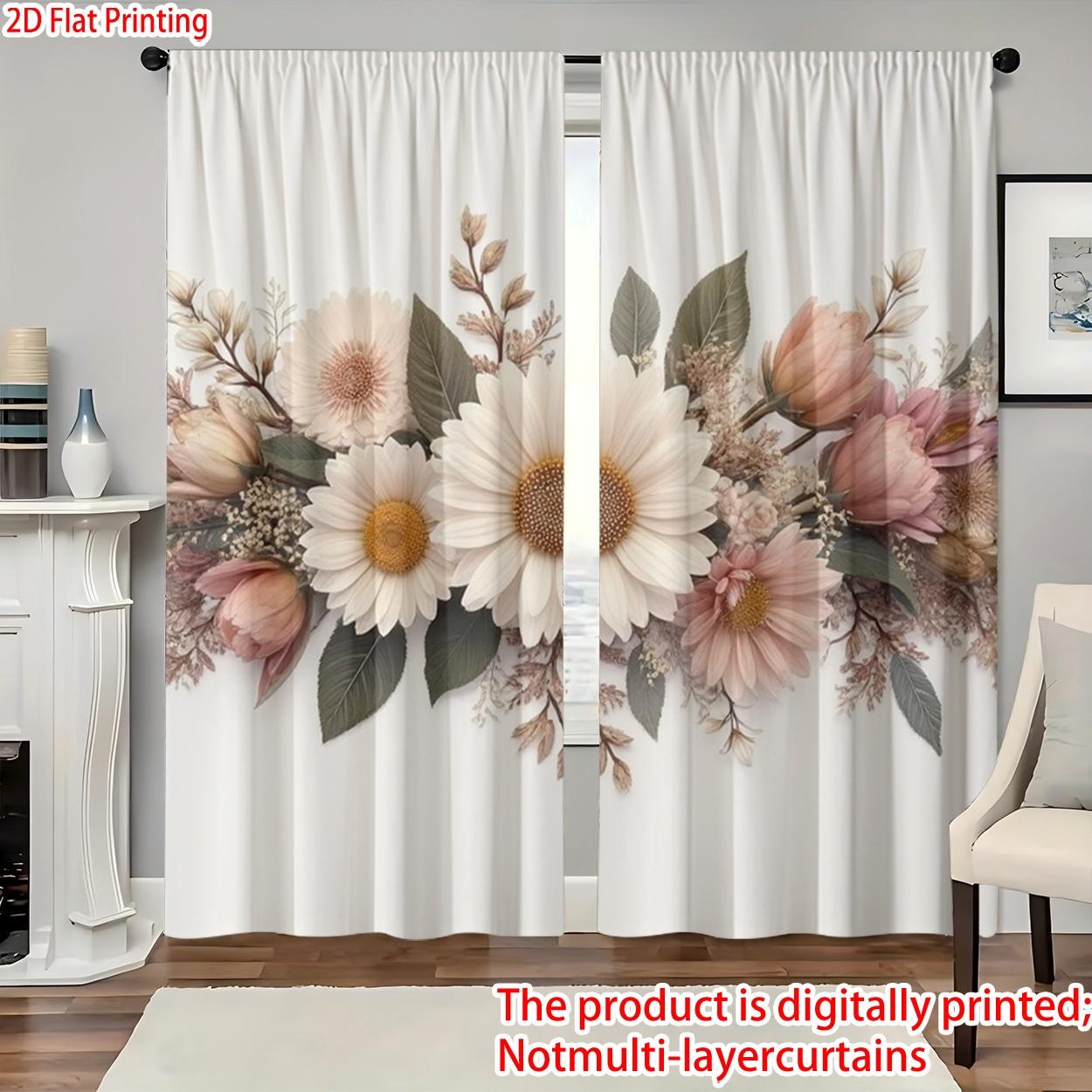 2 pieces, 2D flat printing, polyester materialFlower DecorationPatterned print, light-filtering curtains, Window Curtain, suitable for decorating bedrooms, living rooms, and other settings; features a rod pocket design for easy rod installation.