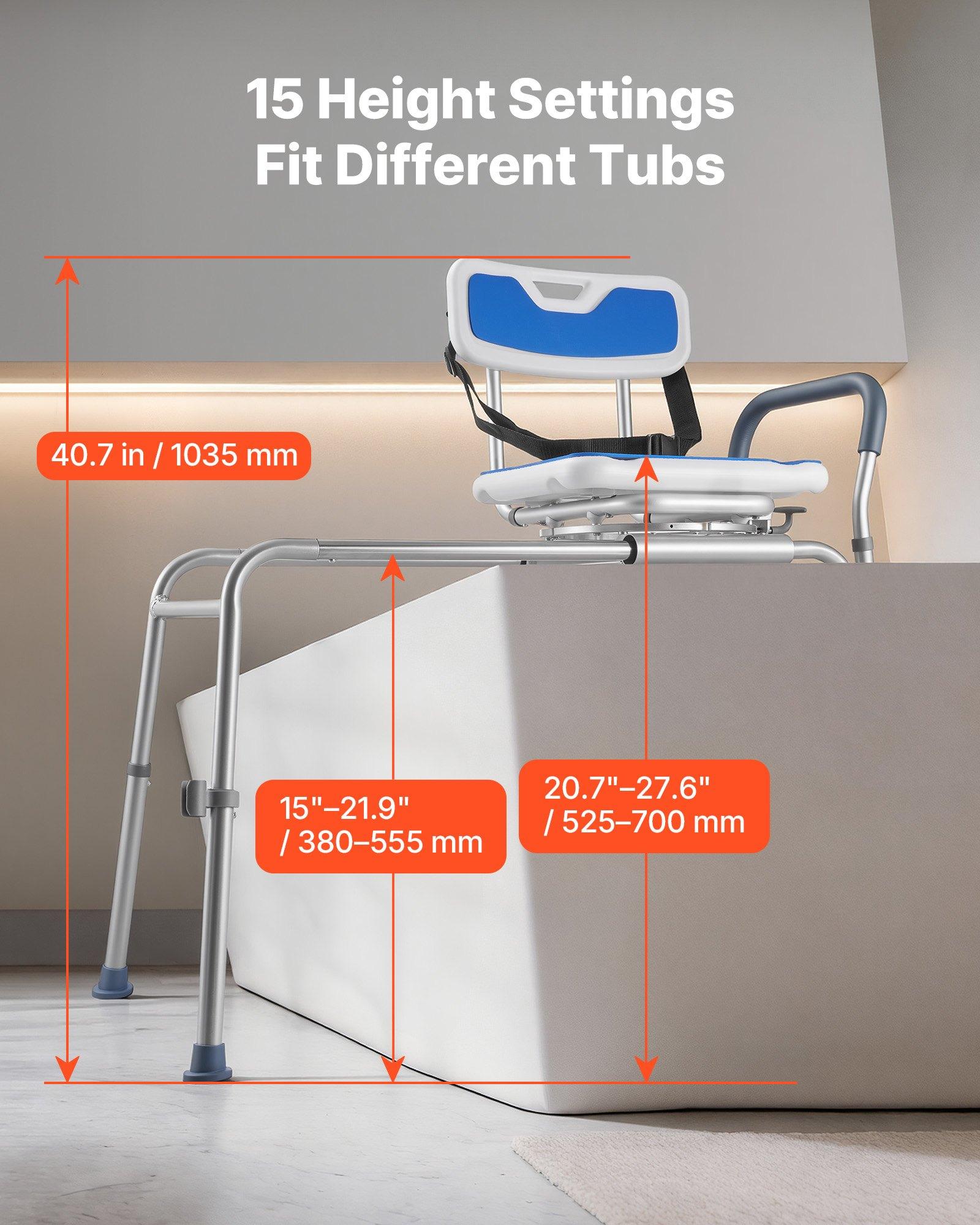 VEVOR Aluminum Sliding Shower Chair with Shower Holder, 400 lbs Tub Transfer Bench, 360° Swivel Seat, Padded Seat, Armrest Handles, Backrest, Height-Adjustable, 40.7x21.3x40.2in, Easy-Clean for Disabled Adults, Simple Installation