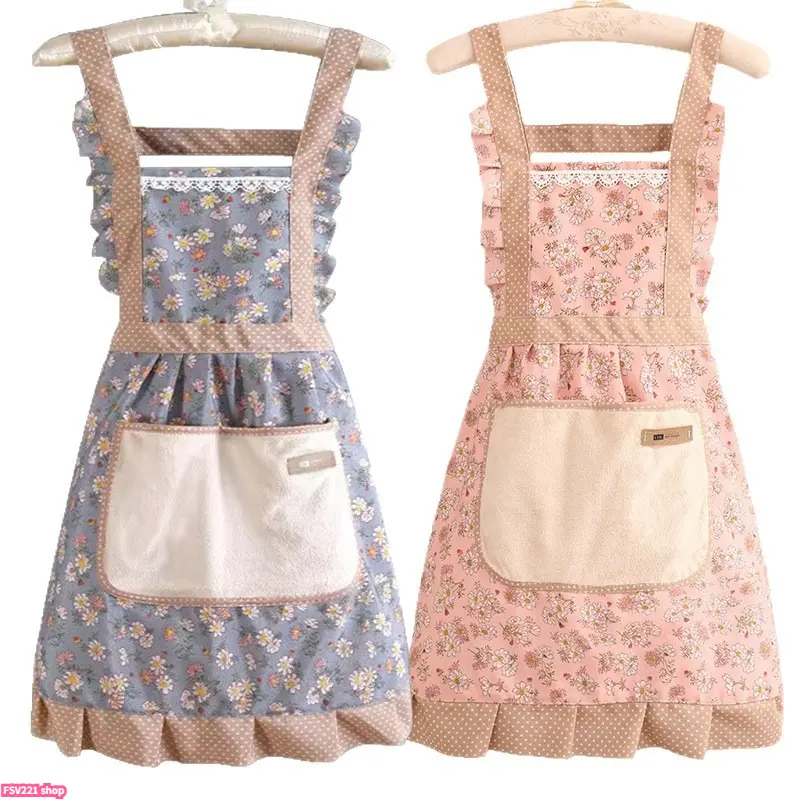 Women’s Floral Cotton Kitchen Apron - Princess Dress Style, Adjustable Cross Back Strap, Multi-Pocket Design, Wipeable Flowers, for Baking, Gardening, Floral Princess Dress Double Pocket Pink