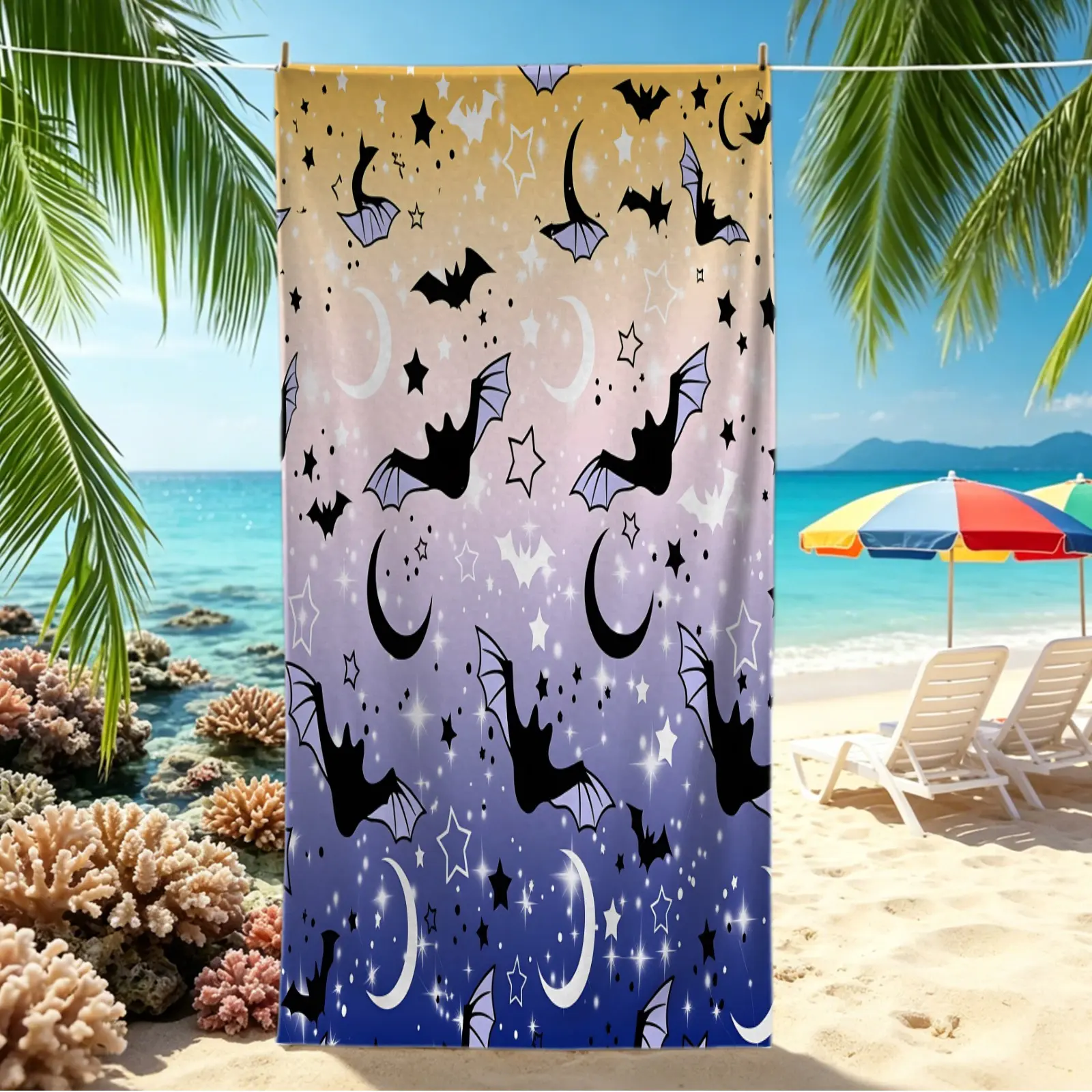 Halloween Bat POD Digital Print Beach Towel, quick-dry Pool Towel, portable Camping Towel & Bath Towel Blanket, creates unique trendy dark holiday atmosphere, for outdoor lovers for beach, swimming and travel use