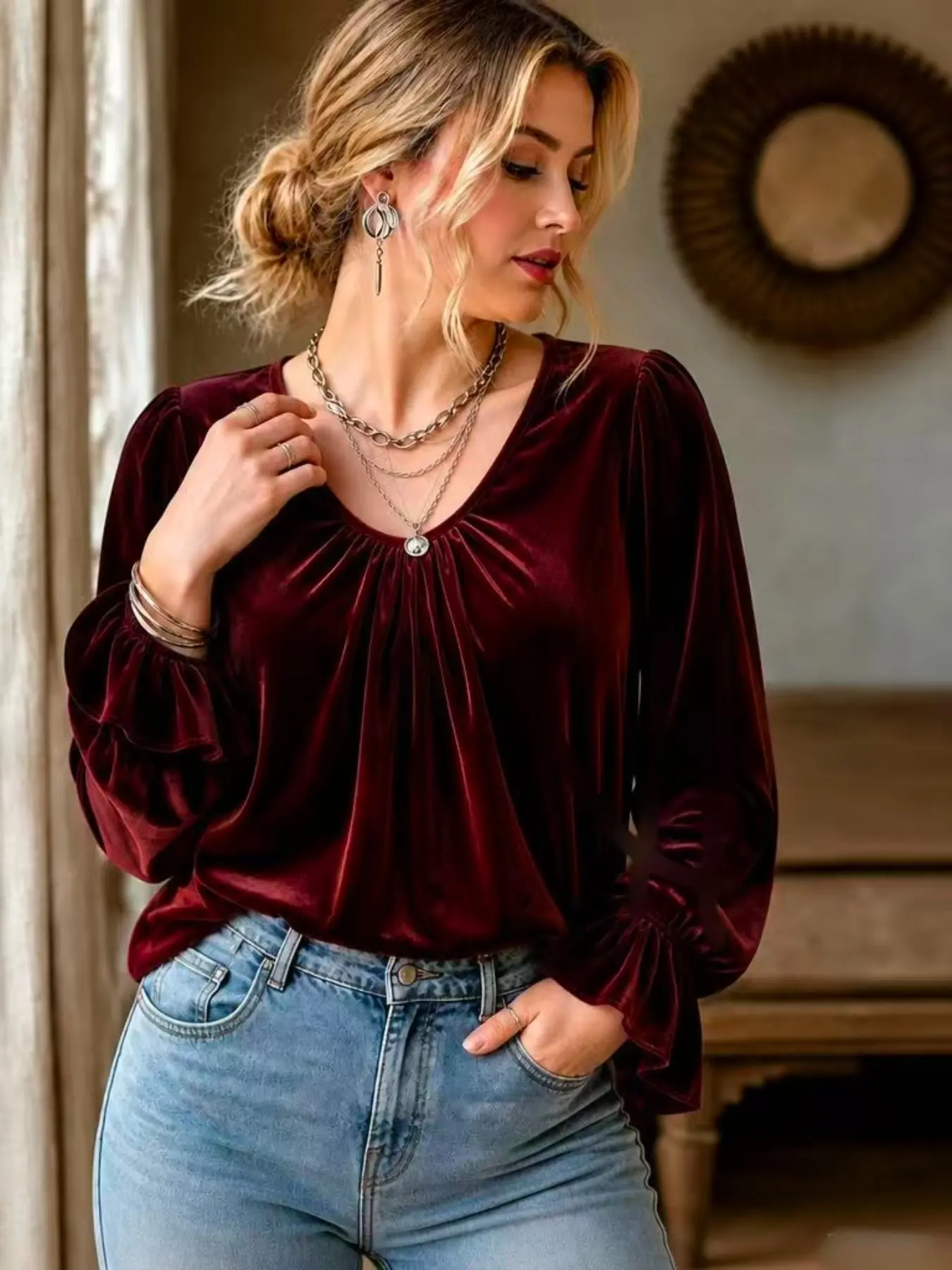 Plus Size Women's Velvet Blouse, V Neck Front Pleated Fall Top, Casual Flared Sleeves, Elastic Waist, Loose Fit Velvet Shirt