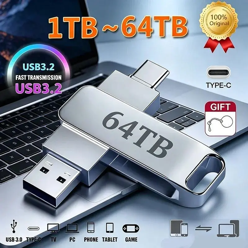 64TB Metal Flash Drive USB 3.2 High Speed Transfer Portable Waterproof U Disk Type-C Memoria USB Stick For Phone Computer Car