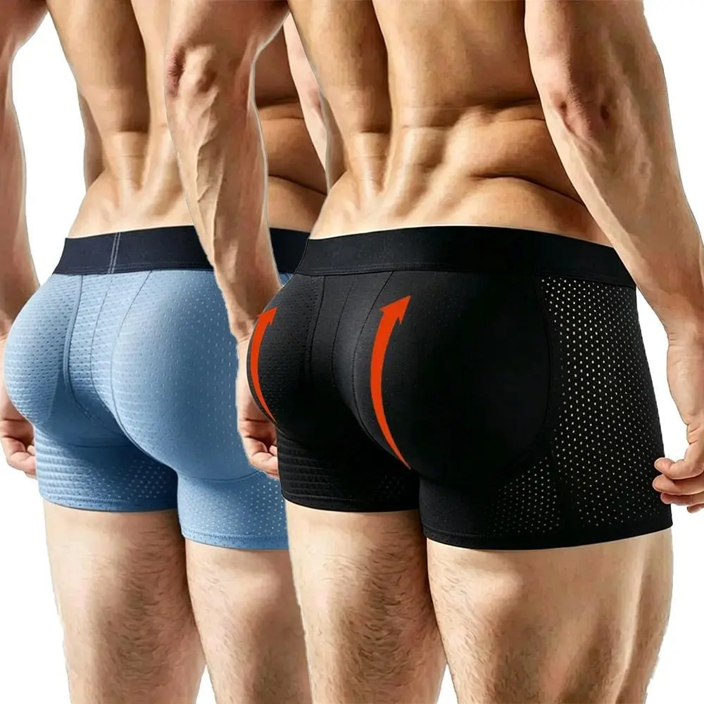 Men Mesh Breathable Stretchy Padded Butt Enhancer Hip Shaper Boxer Brief Trunks Daily Fitness Shapewear Underwear