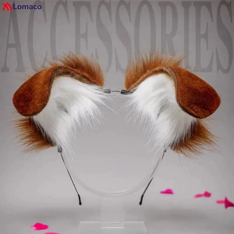Plush Dog Ears Headbands Tail Furry Animal Ears Headwear Tails Kawaii Hair Hoop for Halloween Cosplay Headpiece Fursuit