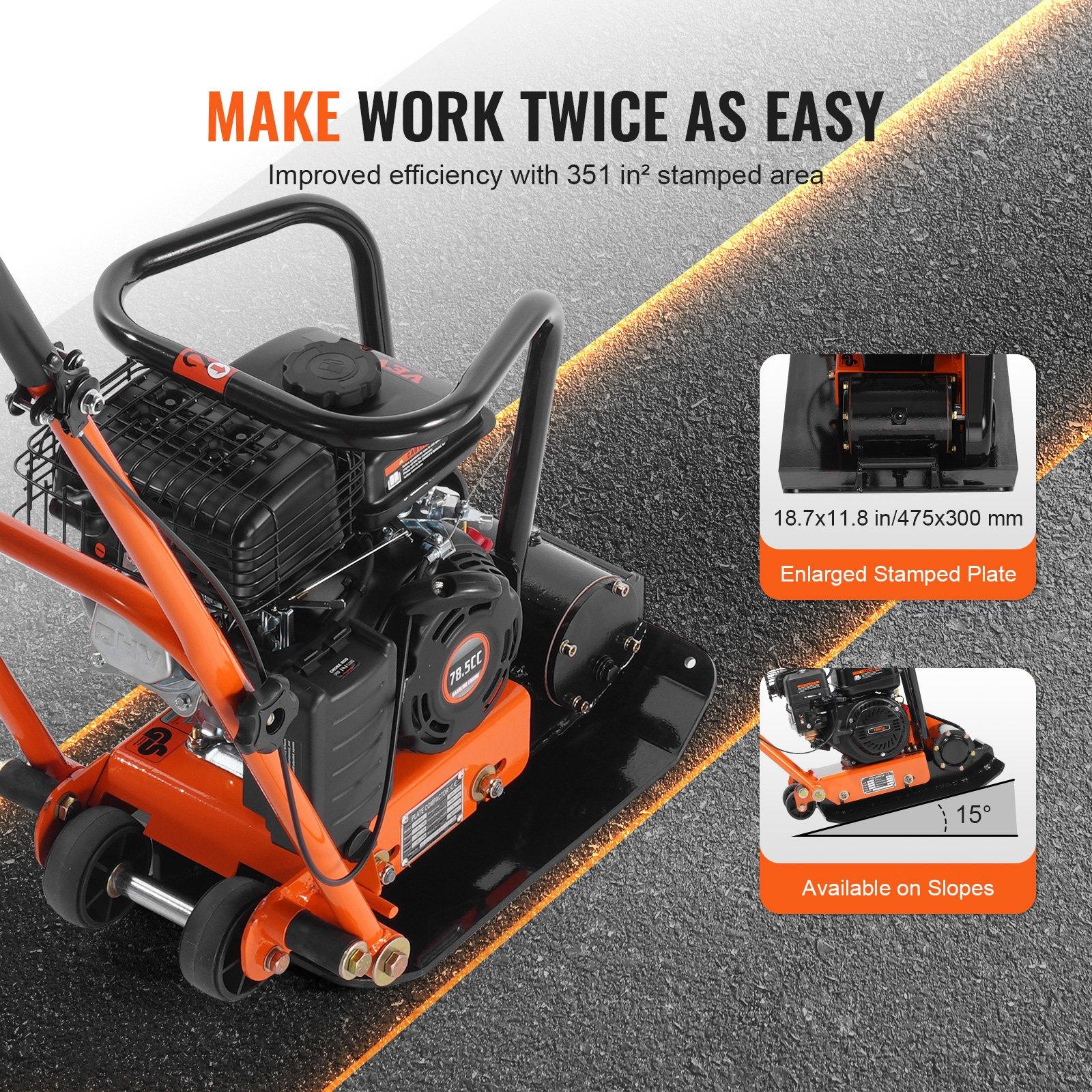 VEVOR Plate Compactor, 2.8 HP 98CC Gas Engine 5, 250 RPM, 1, 920 lbs Force Vibratory Compaction Tamper with 18.7x 11.8 inch Plate for Walkways, Patios, Asphalts, Paver Landscaping, EPA Compliant