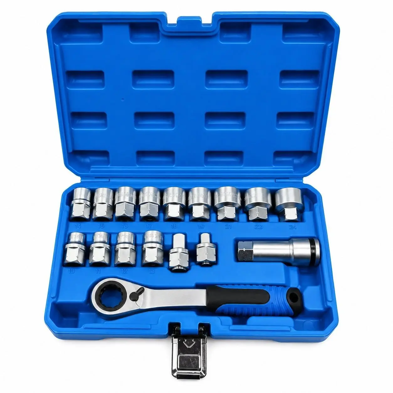 17-Piece Pass Through Drive Socket Set, Metric 10–24mm, Hollow Ratchet Socket Kit for Automotive Repair & Machine Maintenance, Ratchet Combination Wrenches