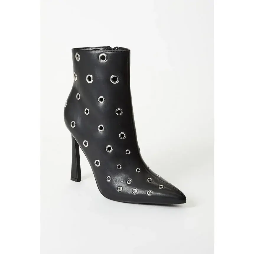 JUST FAB Women's Black Eyelet Stiletto Ankle Boots 4.25" Pointed Toe Heels, Silver Studded Faux Leather Booties with Inner Zipper