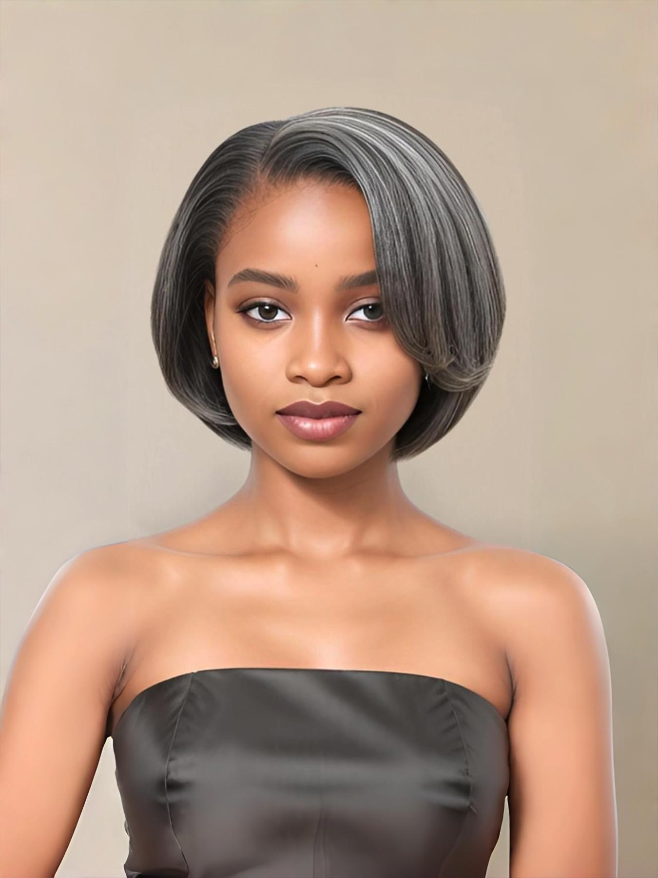 Silvery Wavy Bob Wig, Layered Synthetic Ombre Short Straight Hair, High Temperature Fiber, Rose Net Cap for Daily & Party Use, Straight Bob Wigs, Layered Cut Wig, Layered Haircut Wig, Daily Wear Wig