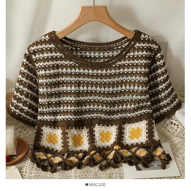 Short Sleeve Granny Squares Crochet Top Fringed Hollow-Out Knit Top Pullovers Women Cottagecore Beach Boho Spring Summer 2026