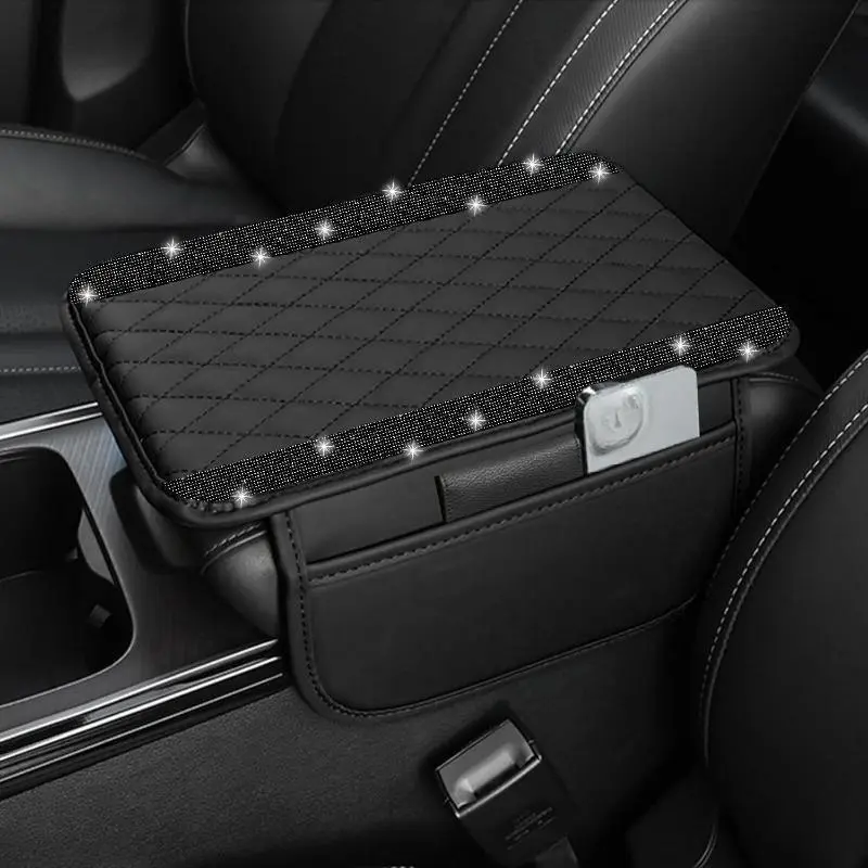 Bling Rhinestone Quilted Leather Car Center Console Armrest Pad - Universal Size Height Boost Water-Resistant Diamond Pattern Cushion with Built-in Storage, Easy-Clean Car Accessory for Daily Drive