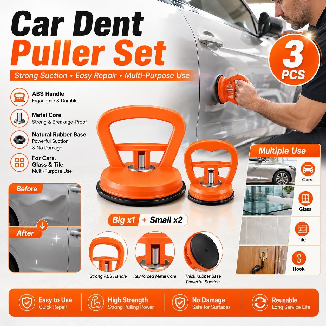 3 Pack Car Dent Puller, Suction Cup Dent Remover Tool, Portable, Compact Suction Cups for Glass Vehicle Body Repair Kit Handle Lifter for Car Body, Doors, Glass, Tiles & Smooth Surfaces, Dent Remover Tool for Daily Use