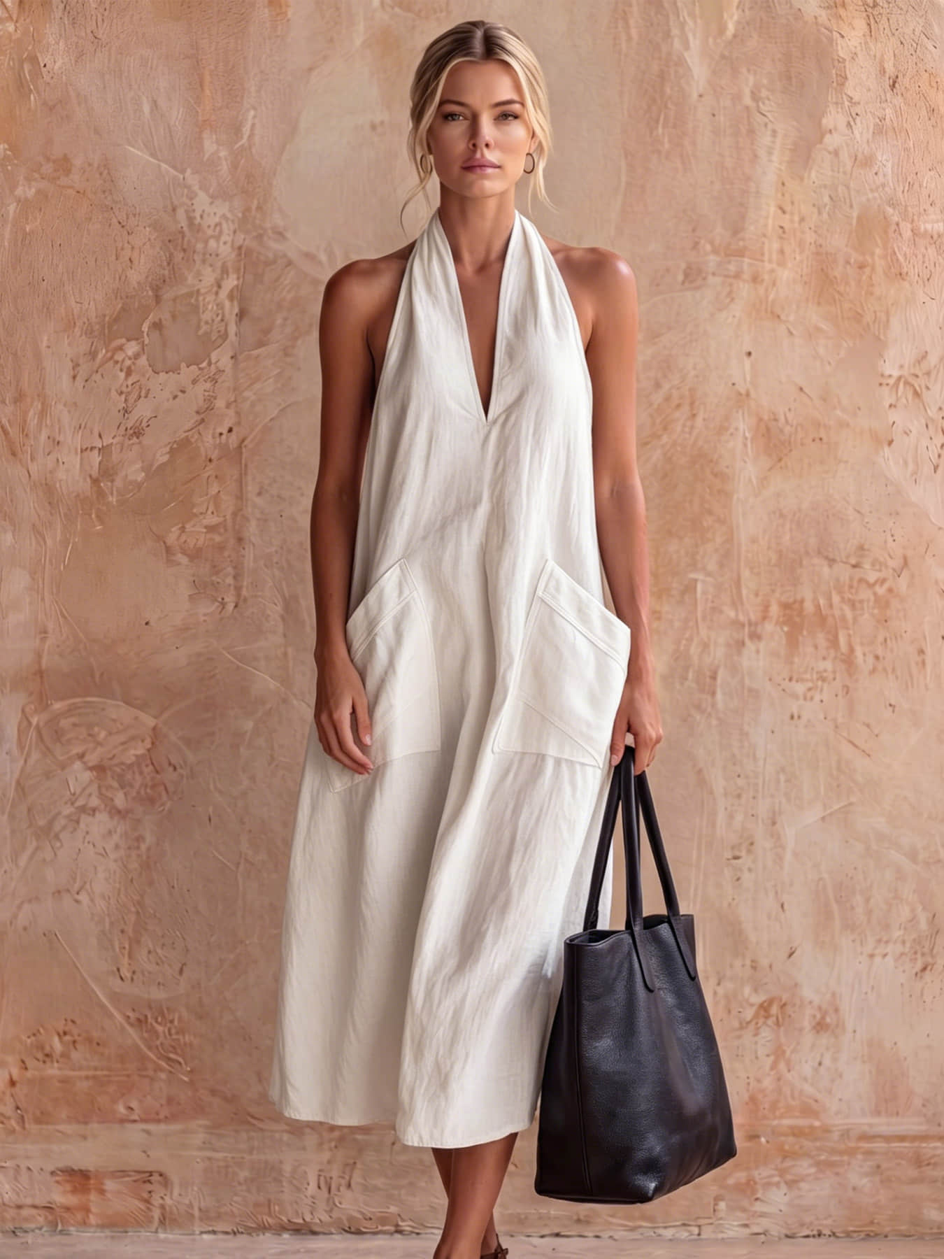 A fashionable women's neck hanging V-neck dress, summer Minimalist Casual loose sleeveless mid length lazy vacation long dress beach party dress suitable for beach vacation, coffee shop relaxation, afternoon tea, daily commuting, light office banquet