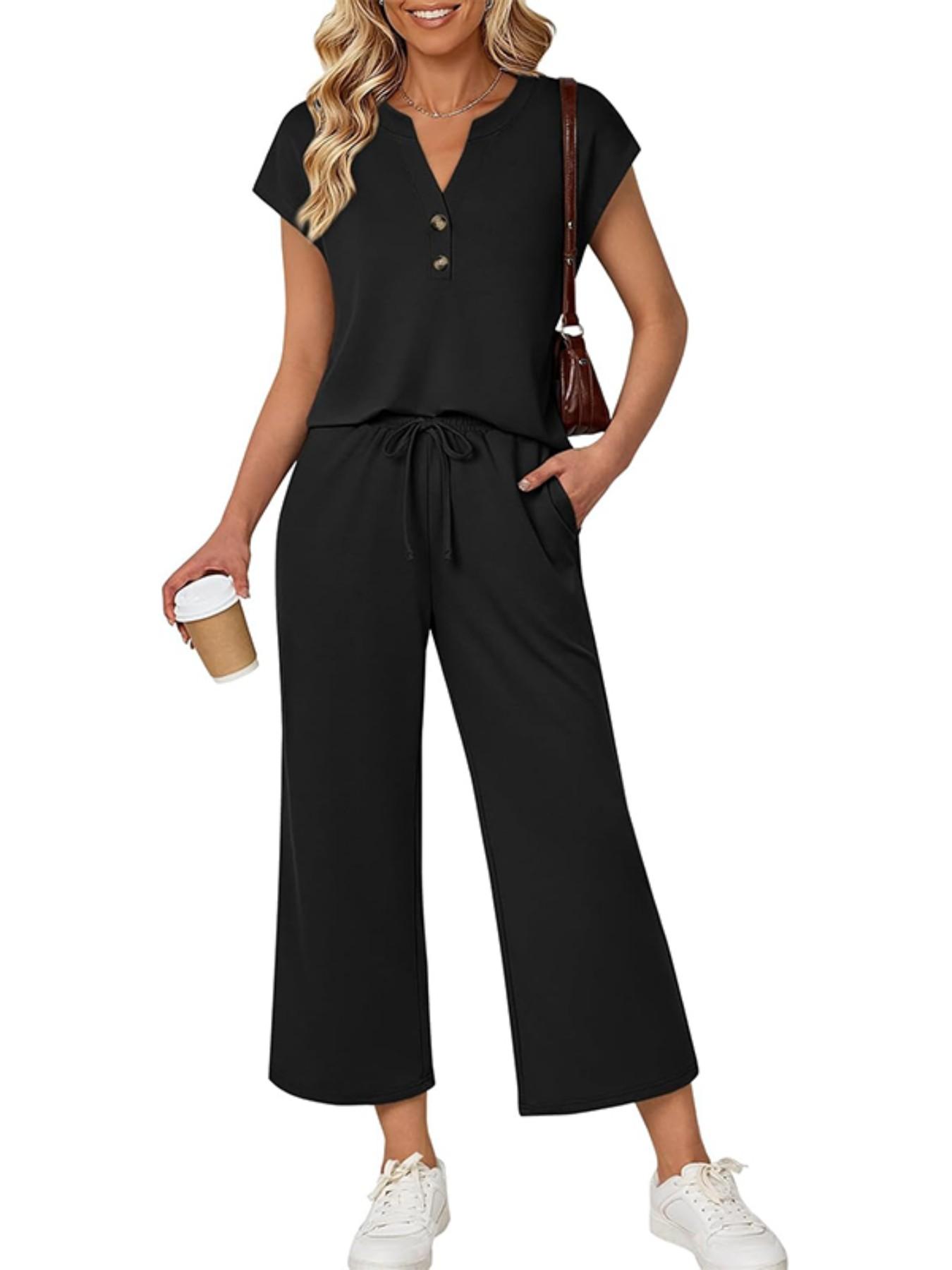 Women's Summer Casual 2-Piece Set, Short Sleeve Button Top & Elastic Waist Pants, Breathable Fabric, Home Wear, Daily