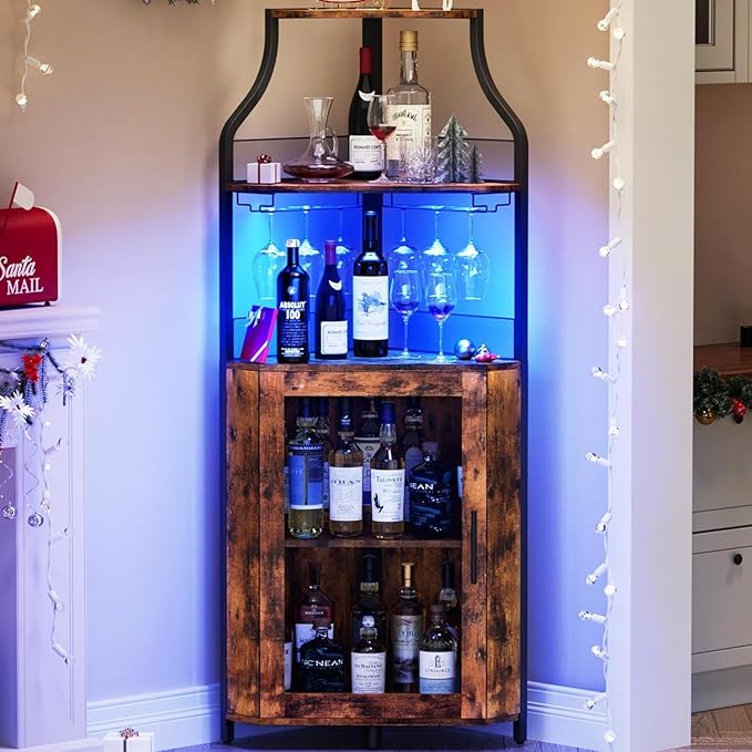 Corner Bar Cabinet with LED Lights, Wine Bar Cabinet with Adjustable Shelf and Glass Holder 5-Tiers Storage Space Corner Liquor Cabinet Industrial Liquor Cabinet for Small Space Corner Bar Cabinet with LED Lights, Wine Bar Cabinet with Adjustable Shelf and Glass Holder 5-Tiers Storage Space Corner Liquor Cabinet Industrial Liquor Cabinet for Small Space